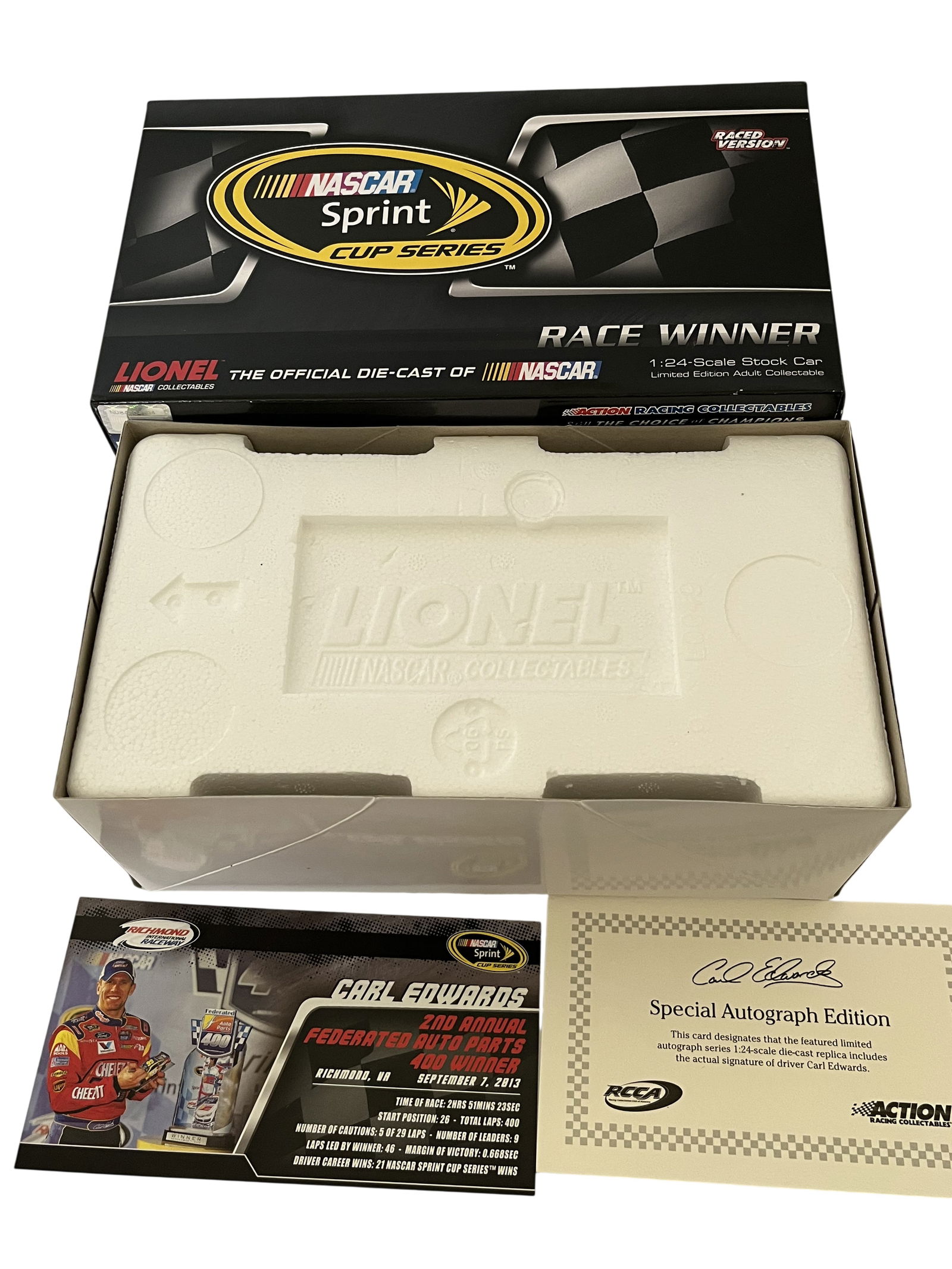 LIONEL RACING CARL EDWARDS AUTOGRAPHED RICHMOND WIN FORD FUSION, 2013: Produced by Lionel NASCAR Collectables, this 1:24-scale die-cast model replicates Carl Edwards’ No. 99 Kellogg's Frosted Flakes/Cheez-It Ford Fusion. This Special Autograph Edition features a silver