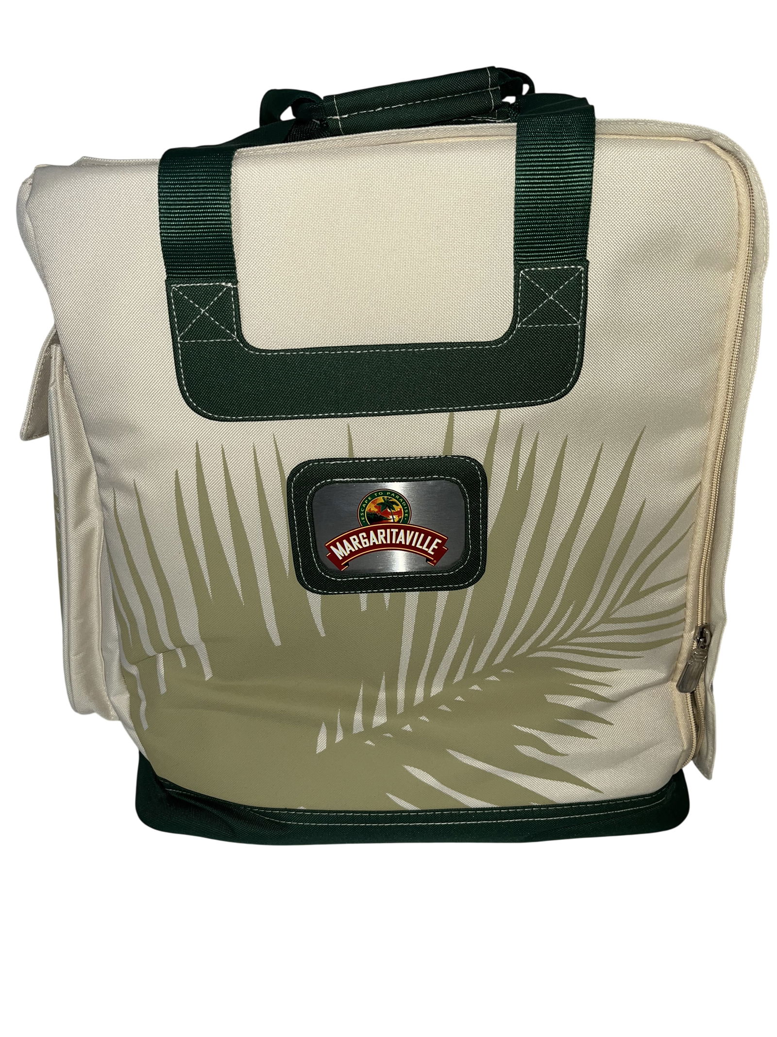 Margaritaville Frozen Concoction Maker: A Margaritaville-branded frozen concoction maker featuring a motorized blending base and integrated ice reservoir, accompanied by a custom-fitted AD1200 universal travel bag. Comes with AD1200