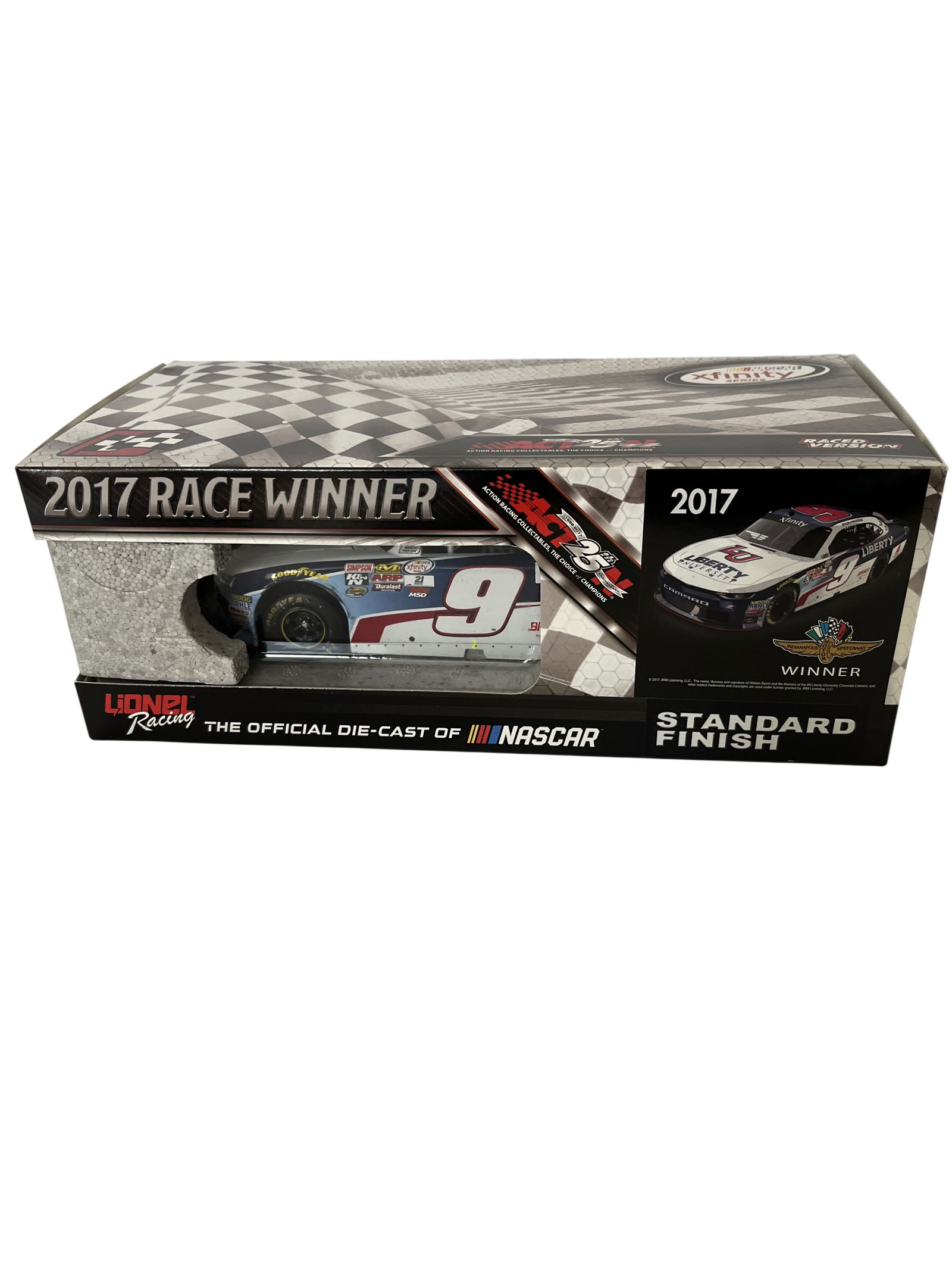 Lionel Racing William Byron Autographed 2017 Indianapolis Race Winner Die-Cast Stock Car: This is a Lionel Racing Action Racing Collectables 1:24-scale die-cast model of the number 9 Liberty University Chevrolet Camaro driven by William Byron during the 2017 NASCAR Xfinity Series. This spe