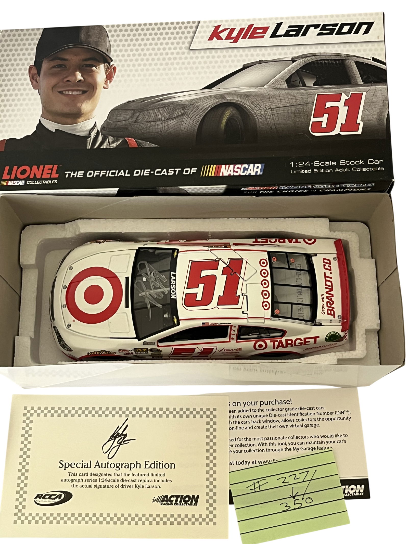 Lionel Action Kyle Larson #51 Target 2013 Chevrolet SS Autographed Die-Cast Car: This lot features a highly collectible 1:24-scale die-cast replica of the #51 Target Chevrolet SS driven by Kyle Larson during the 2013 NASCAR Sprint Cup Series. Silver-tone autograph by Kyle Larson p