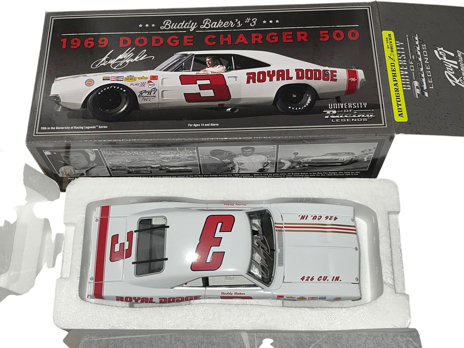 University of Racing Legends 1969 Dodge Charger 500 Buddy Baker Autographed Edition: This is a high-quality die-cast metal model car from the University of Racing Legends series, representing the 19th release in the collection. The 1:24 scale vehicle is a replica of the 1969 Dodge Cha