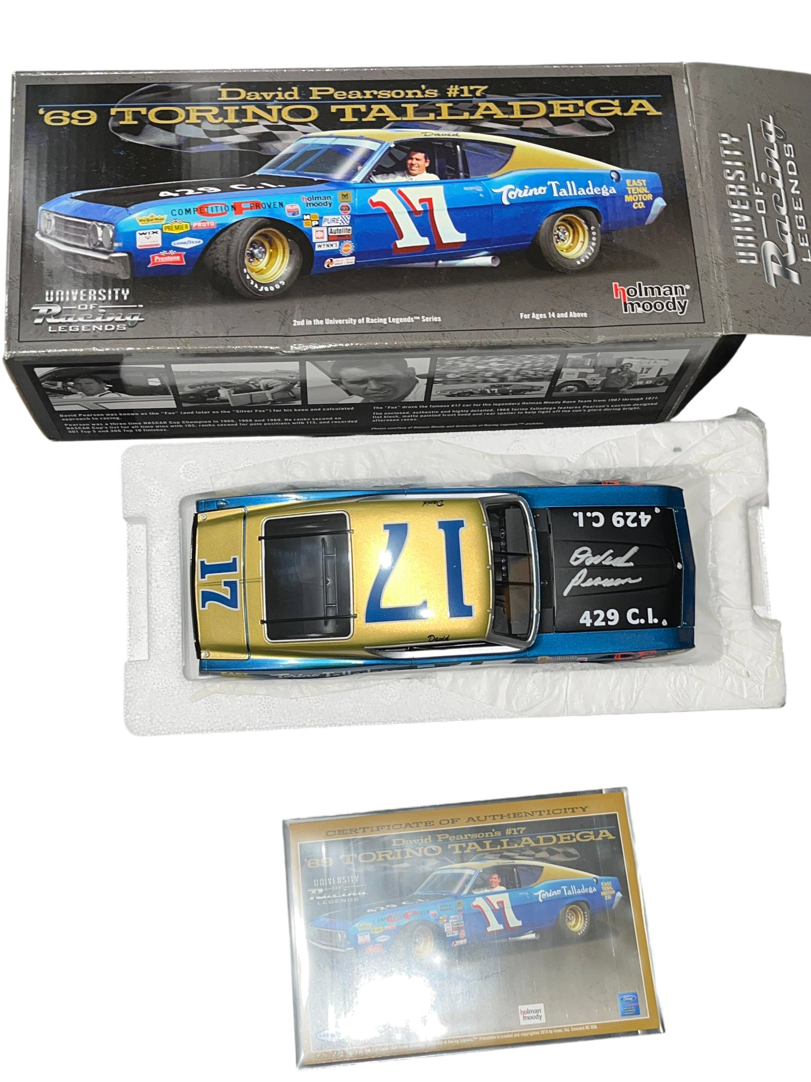 David Pearson Signed #17 Ford Torino Talladega Die Cast in org box: Authenticated by Icons, Inc. University of Racing Legends. A 1:24 scale model produced by Icons, Inc. for the University of Racing Legends series, commemorating David PearsonÃ¢â‚¬â„¢s champi