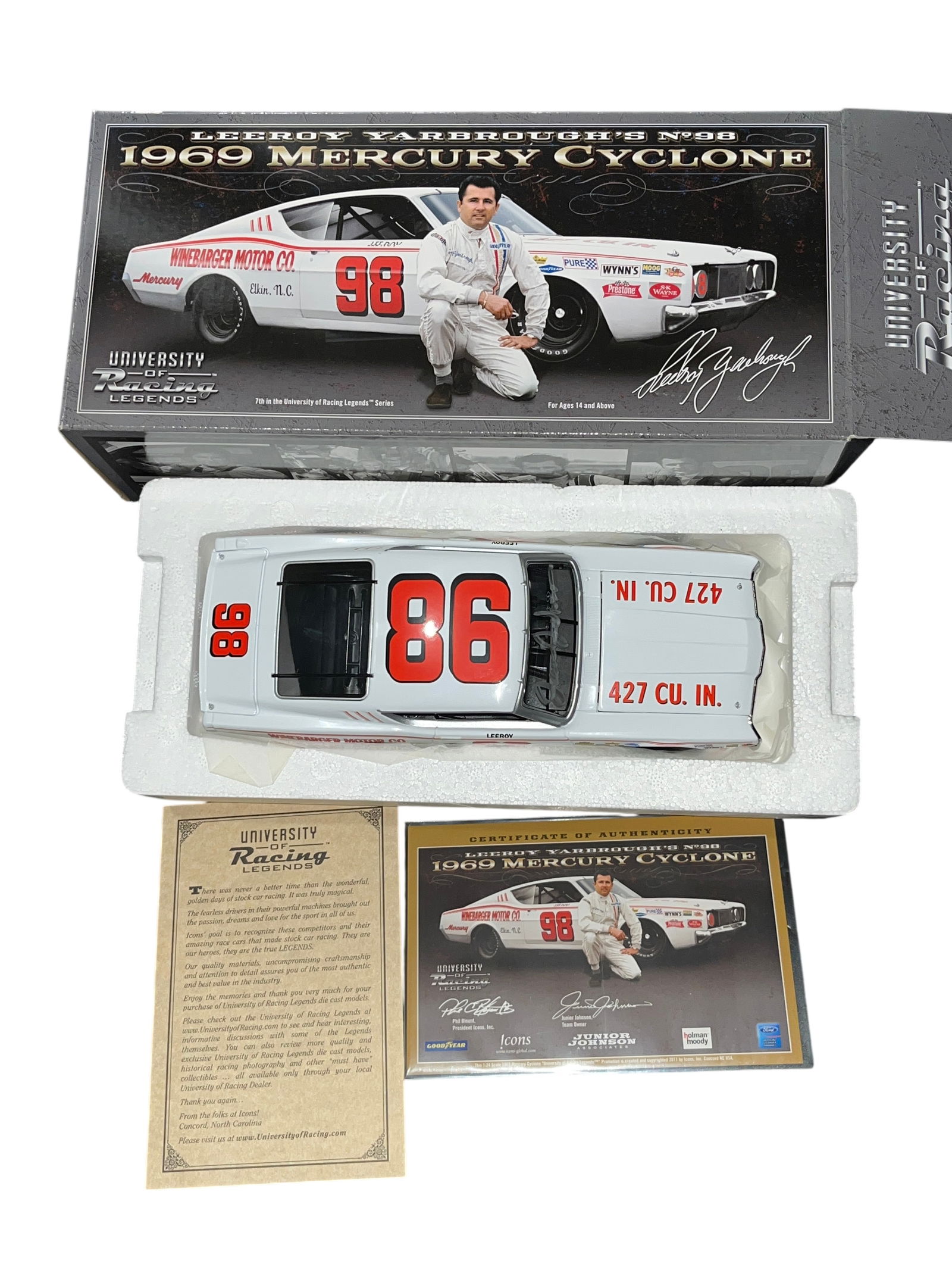 LeeRoy Yarbrough 1969 Mercury Cyclone Autographed Die-Cast in org box: University of Racing Legends 1/24 Scale. This is a highly detailed 1/24 scale die-cast model of LeeRoy Yarbrough's #98 1969 Mercury Cyclone, produced by University of Racing Legends. As the 7th releas