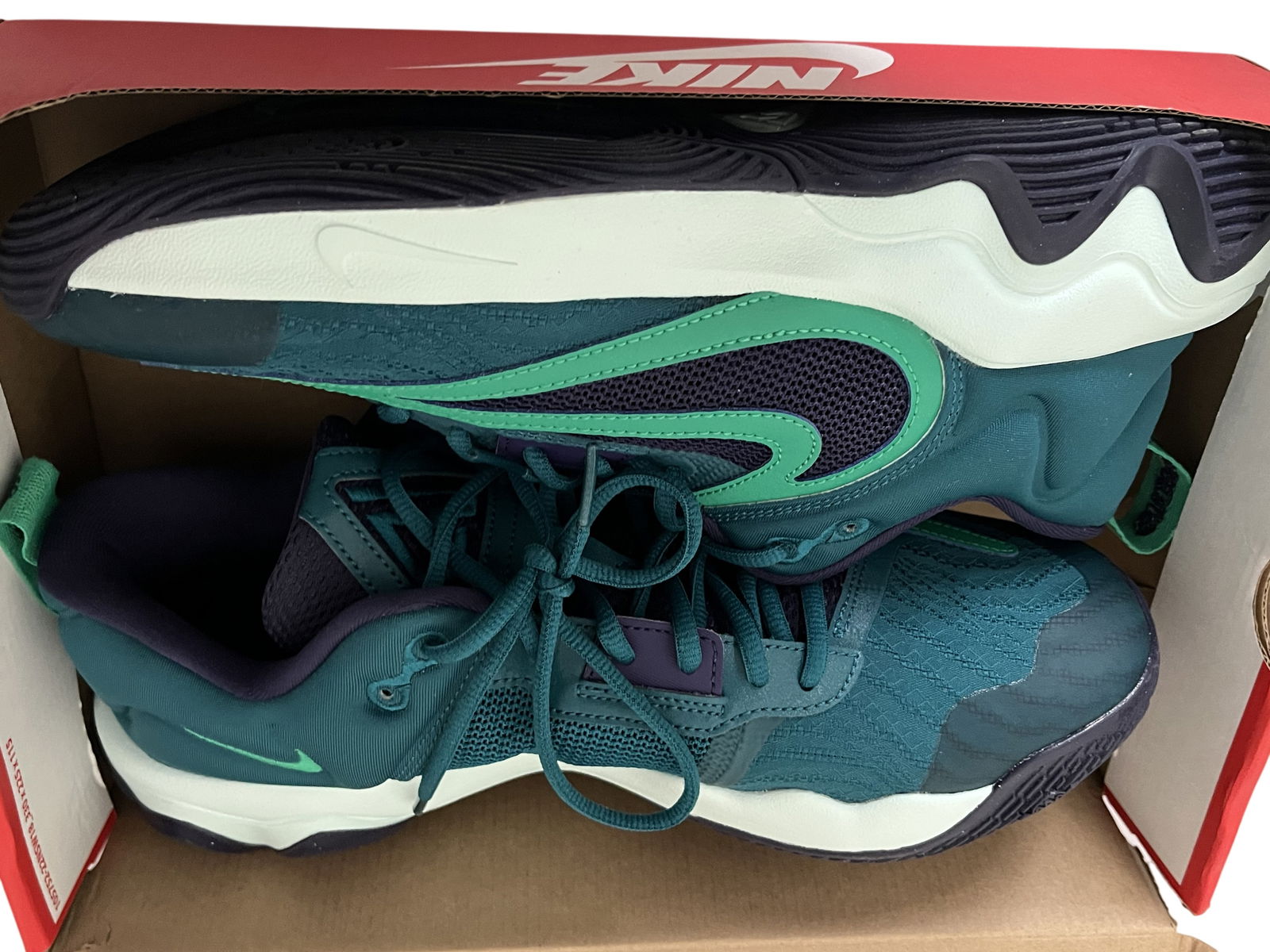 Nike Giannis Immortality 3 Basketball Sneakers, Synthetic Mesh, Geode Teal and Purple: Nike, Giannis Immortality 3, synthetic mesh and textile, Geode Teal and Purple with light green accents. Size 10.5