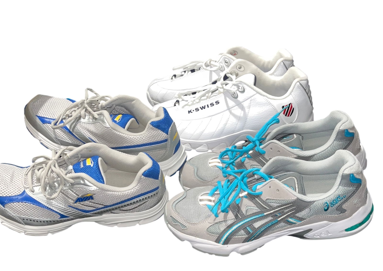 Three Pairs of Athletic Sneakers: K-Swiss, Asics, and Avia, Unauthenticated: Three pairs of athletic sneakers, including K-Swiss, Asics, and Avia models, circa 2010-2020. Features include white leather, gray mesh with teal accents, and silver synthetic uppers with rubber