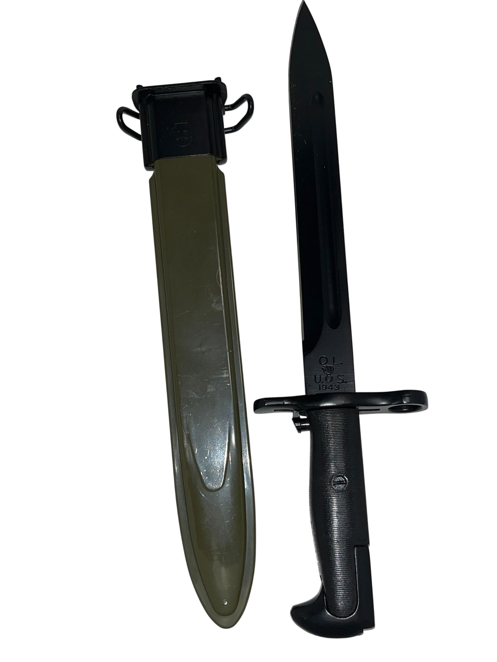 US Military, US Army/USMC, M1 Bayonet and M7 Scabbard, WWII: WWII US M1 bayonet manufactured by Oneida, Ltd. (O.L.) in 1943 for use with the M1 Garand rifle. Features a 10-inch parkerized blade with deep fuller, black ribbed plastic grips. Not authenticated