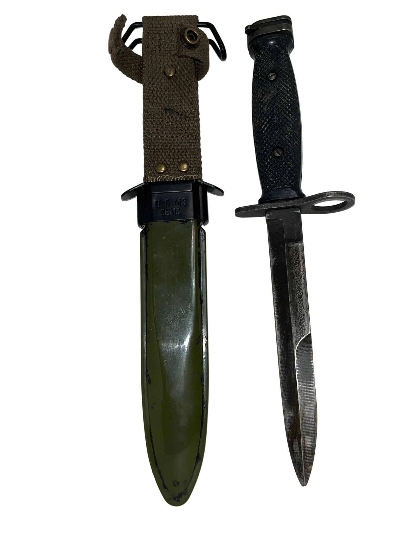 US Military M4 Bayonet and M8 Scabbard, Post-WWII/Korean War Era: US Military M4 bayonet for the M1 Carbine, post-WWII production featuring black checkered plastic grips and a blackened steel spear-point blade. The accompanying M8 scabbard is marked SEMS and include