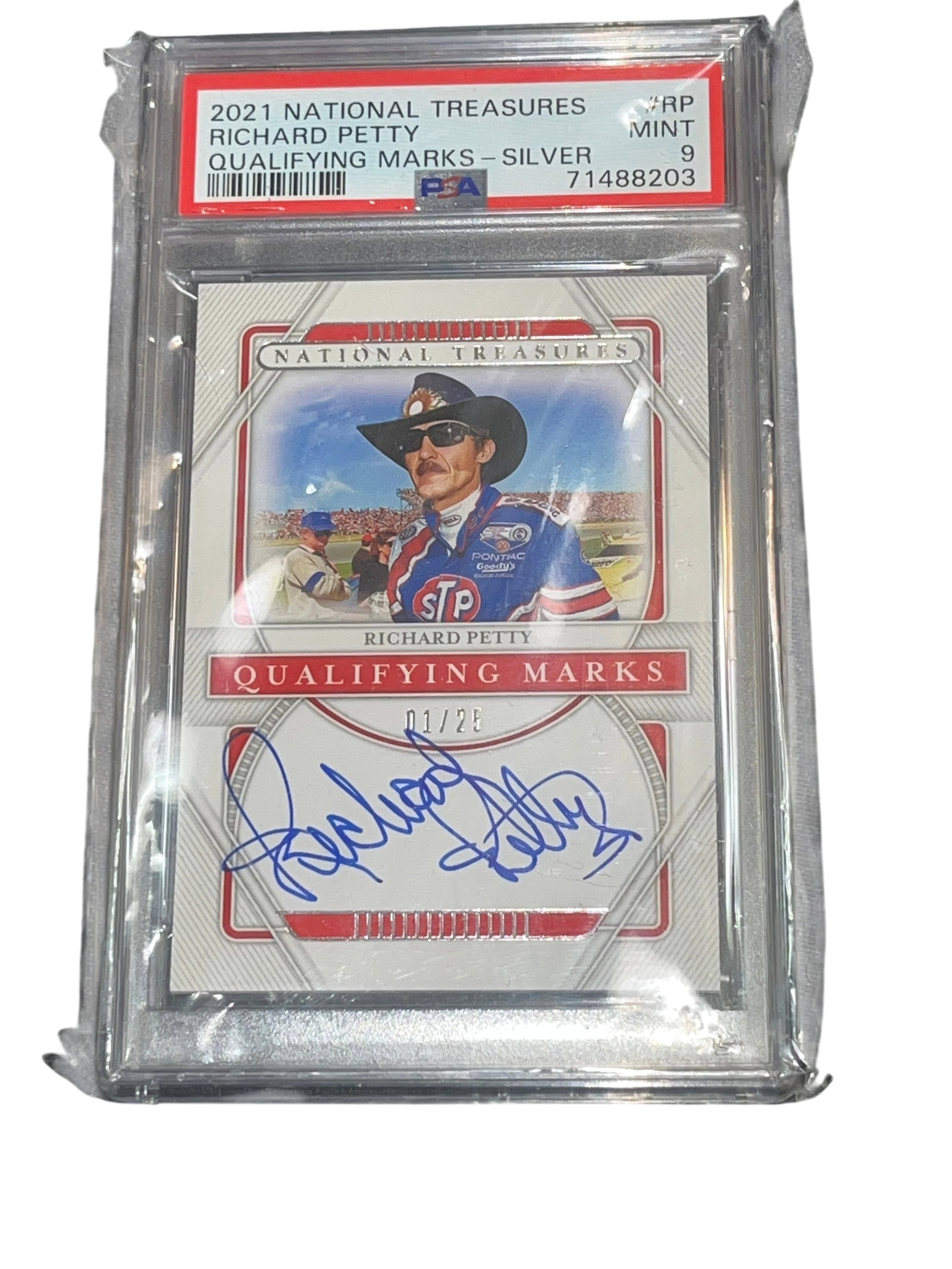 2021 Panini National Treasures Richard Petty Qualifying Marks Silver Autograph PSA 9: NASCAR trading card, Panini, 2021. National Treasures, #QM-RP, Richard Petty, Qualifying Marks Silver parallel, serial numbered 01/25, PSA certified #71488203.