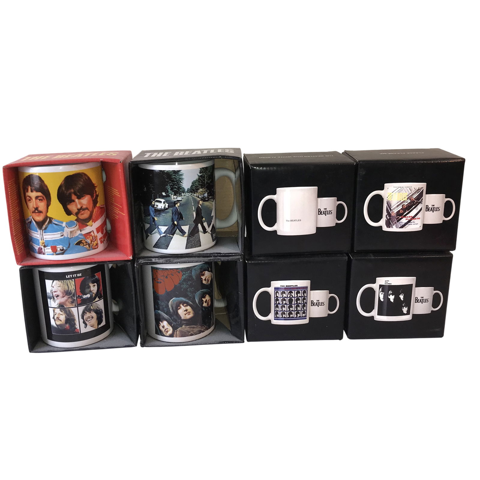 The Beatles Ceramic Album Cover Mugs (8): by Half Moon Bay. A collection of eight officially licensed ceramic mugs produced by Half Moon Bay, featuring graphic designs based on the discography of The Beatles. Each mug is housed in its