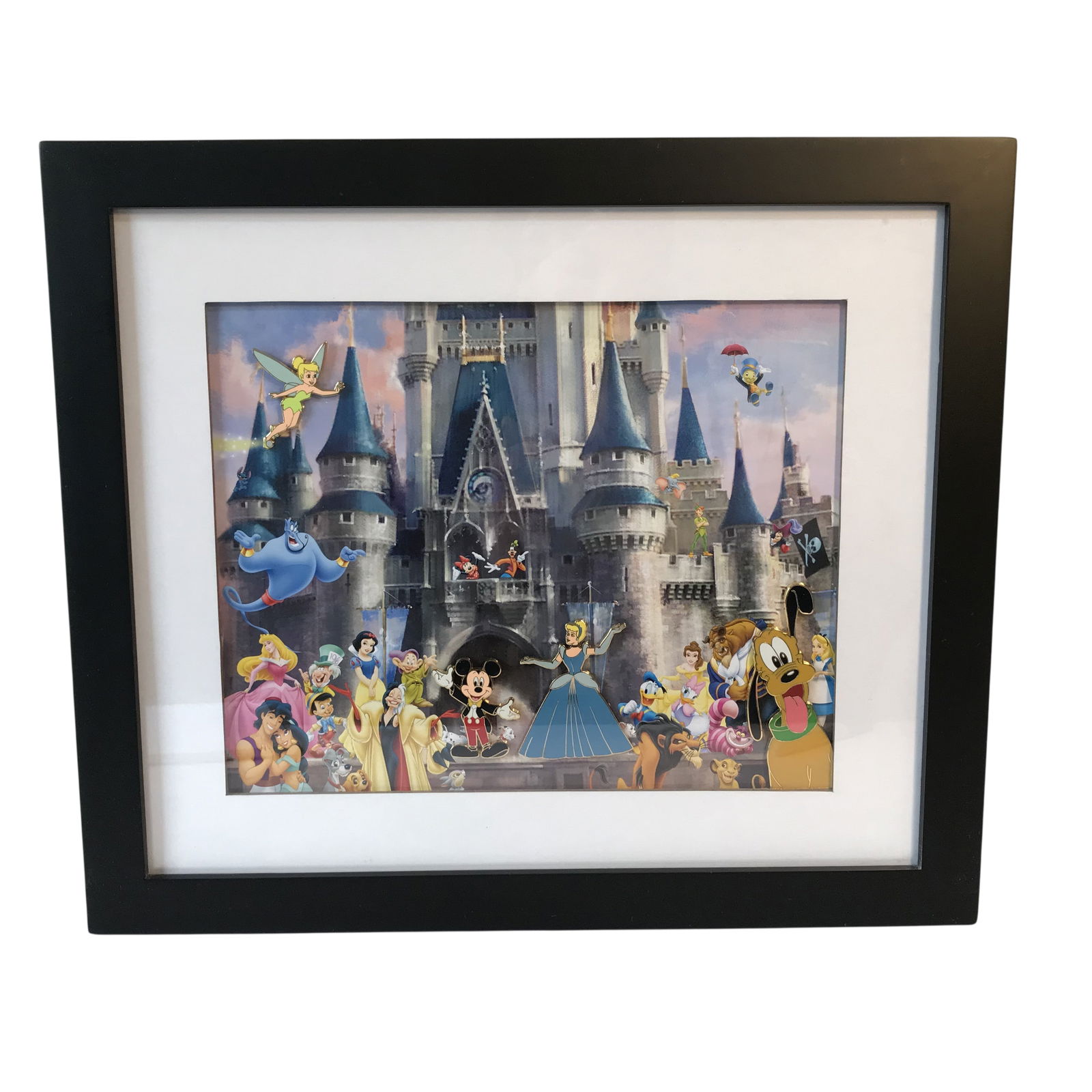 Disney Where Dreams Come True Cinderella Castle Framed Pin Set: This Disney-produced framed pin set is titled Where Dreams Come True and features Cinderella Castle as the central backdrop. The display is a multi-layered shadowbox composition combining a printed ba