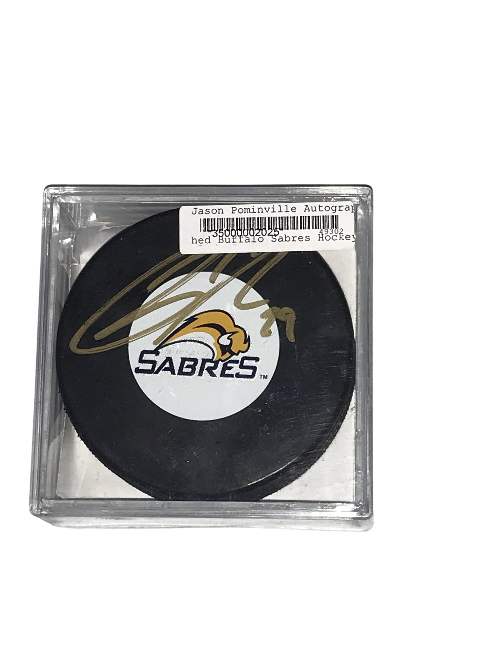 Jason Pominville Autographed Buffalo Sabres Hockey Puck: Buffalo Sabres hockey puck autographed by player Jason Pominville, featuring the team logo used between 2006 and 2010. Authentication is provided by an included certificate from Dave & Adam's Card Wor