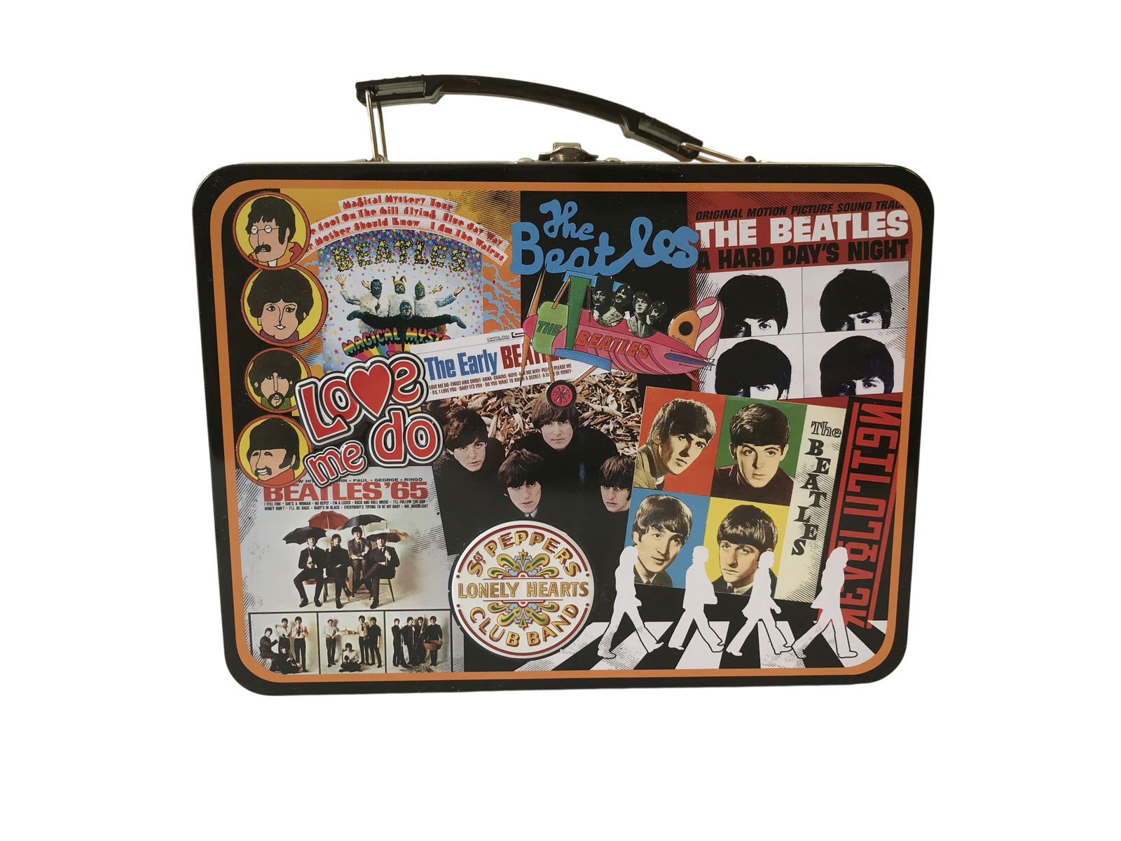 The Beatles Collection: A commemorative metal lunchbox, also referred to as a tin tote, featuring a collage of imagery related to the British rock band, The Beatles. Attributed to Vandor, the rectangular box is constructed o