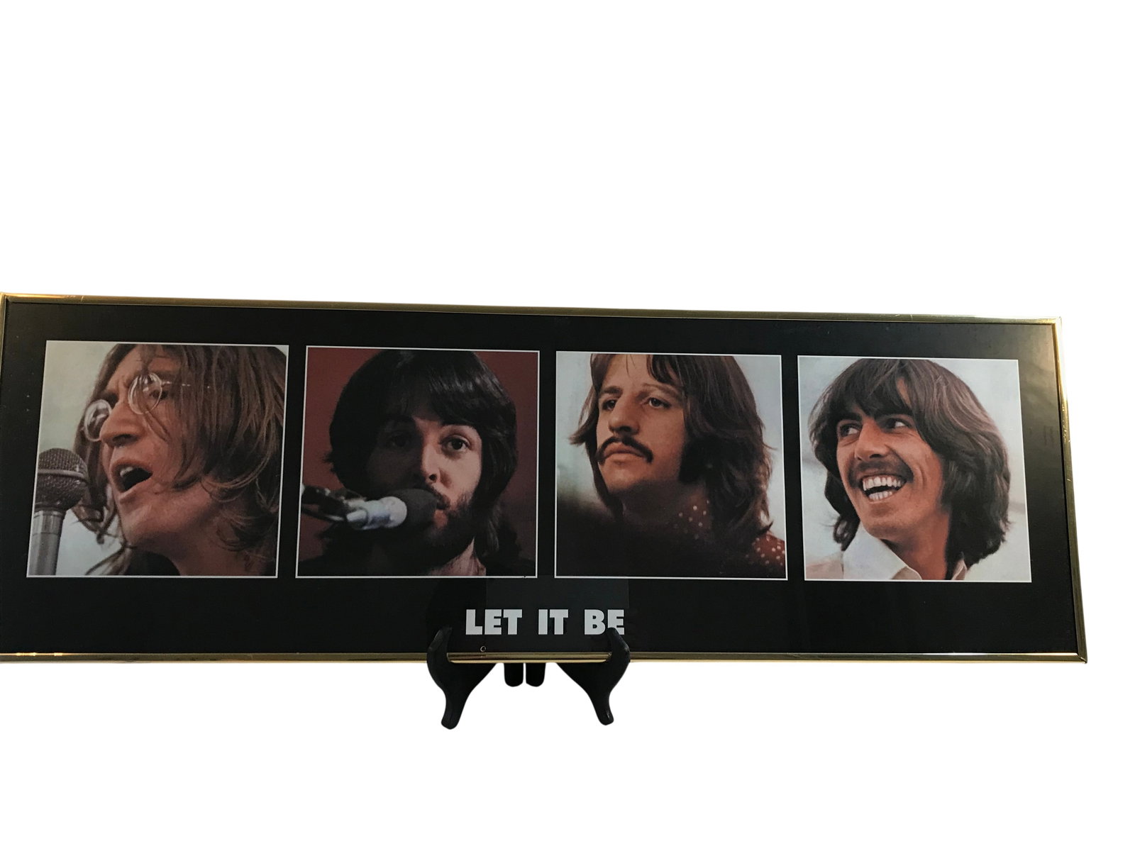 The Beatles Let It Be Framed Lithograph Poster: Apple Corps Licensed, This item is a framed panoramic-format lithograph poster featuring the four individual portraits of The Beatles—John Lennon, Paul McCartney, Ringo Starr, and George Harrison—