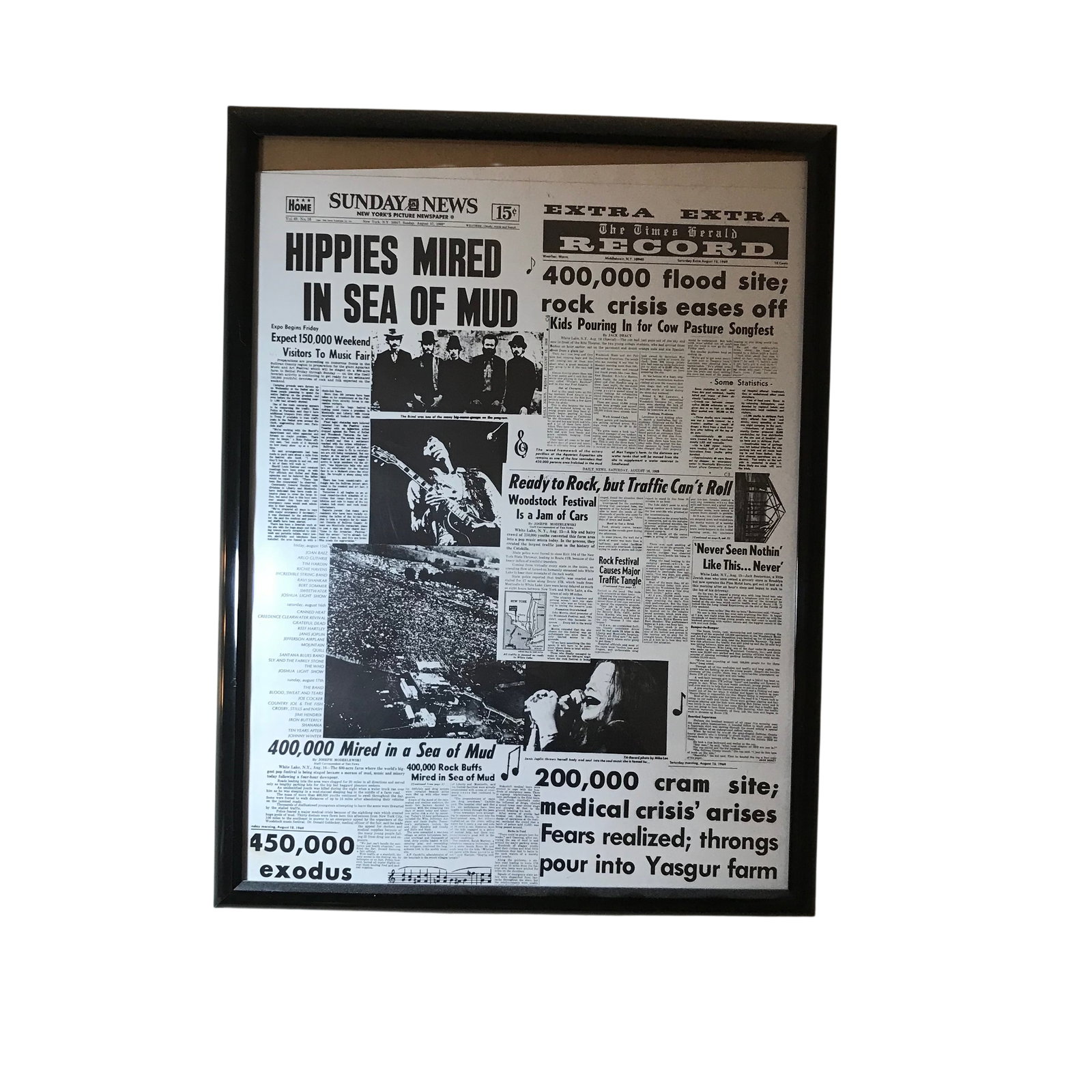 Framed Woodstock 1969 Commemorative Newspaper Collage Poster: Features a collage of newspaper reporting from the 1969 Woodstock Music and Art Fair from The Times Herald Record of Middletown, New York, dated August 16, 1969, and the New York Sunday News dated Aug
