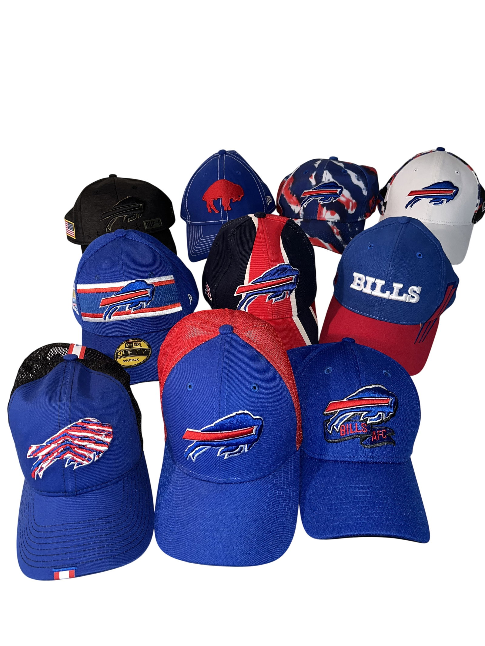 Buffalo Bills NFL Baseball Caps (10): All appear to have not been worn or have minimum wear.