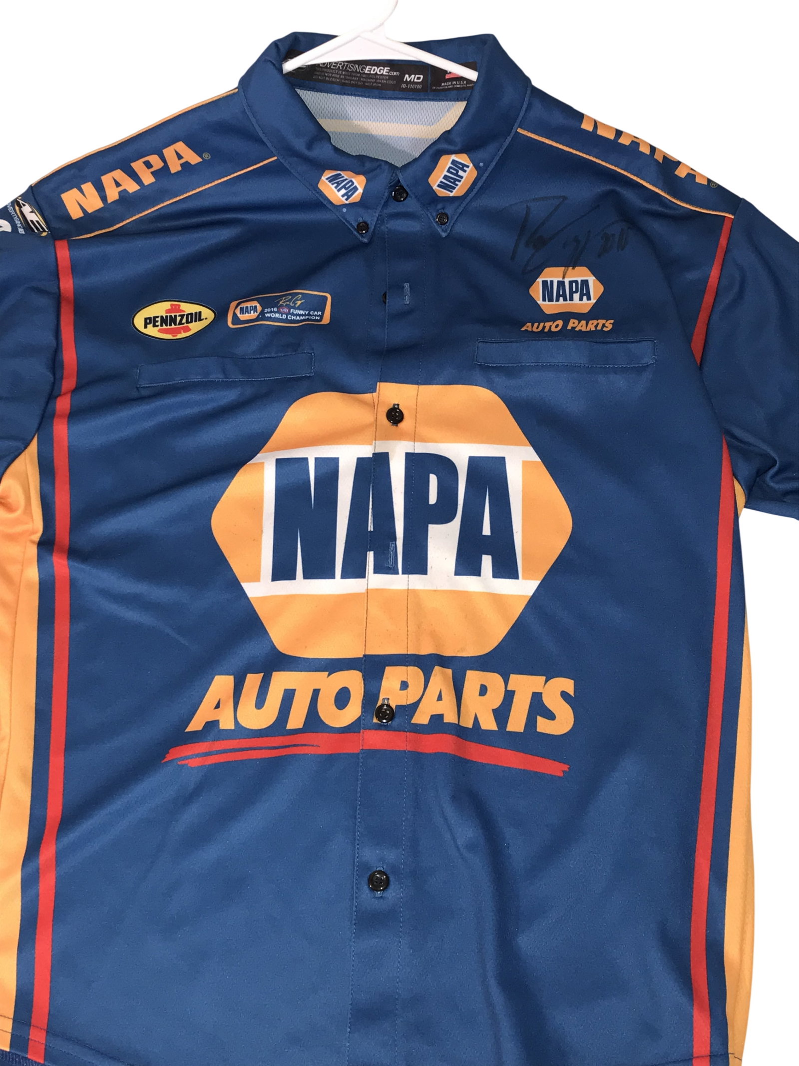 Ron Capps Autographed 2016 NHRA Funny Car World Champion NAPA Racing Team Shirt: Advertising Edge Ron Capps autographed NAPA Auto Parts racing team shirt, commemorating the 2016 NHRA Funny Car World Championship. Constructed from blue performance fabric with sublimated graphics, t