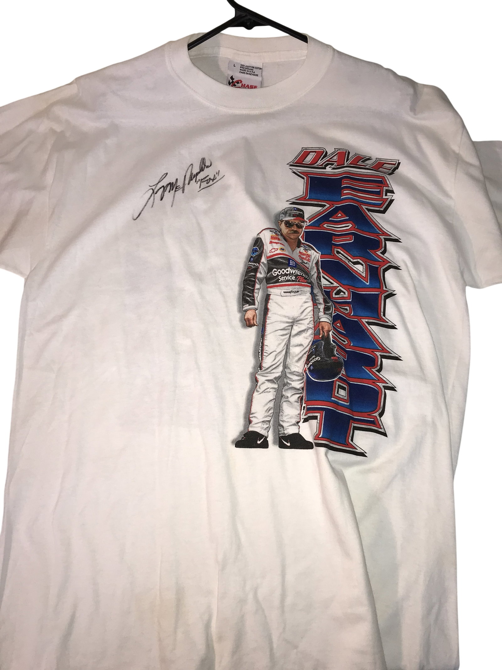 Chase Authentics Dale Earnhardt The Intimidator Rides On Commemorative T-Shirt: Chase Authentics Dale Earnhardt commemorative racing t-shirt, circa 2001. This white 100% cotton shirt features screen-printed graphics of Earnhardt in a GM Goodwrench suit on the front and the number