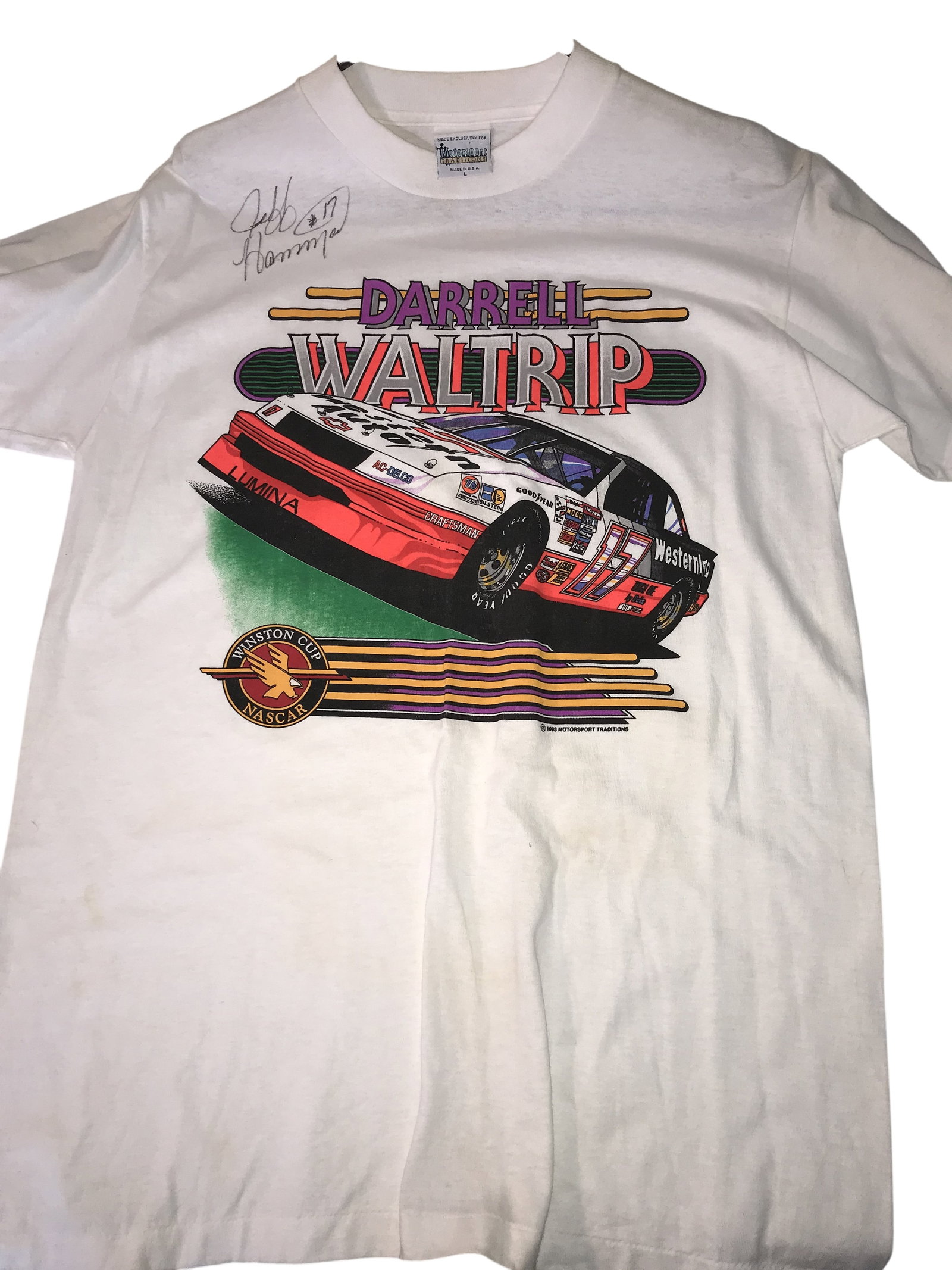 Motorsport Traditions Darrell Waltrip NASCAR Graphic T-Shirt Signed by Jeff Hammond: Motorsport Traditions vintage NASCAR graphic t-shirt featuring Darrell Waltrip, copyrighted 1993. The white short-sleeved shirt displays a screen-printed illustration of the number 17 Western Auto Che