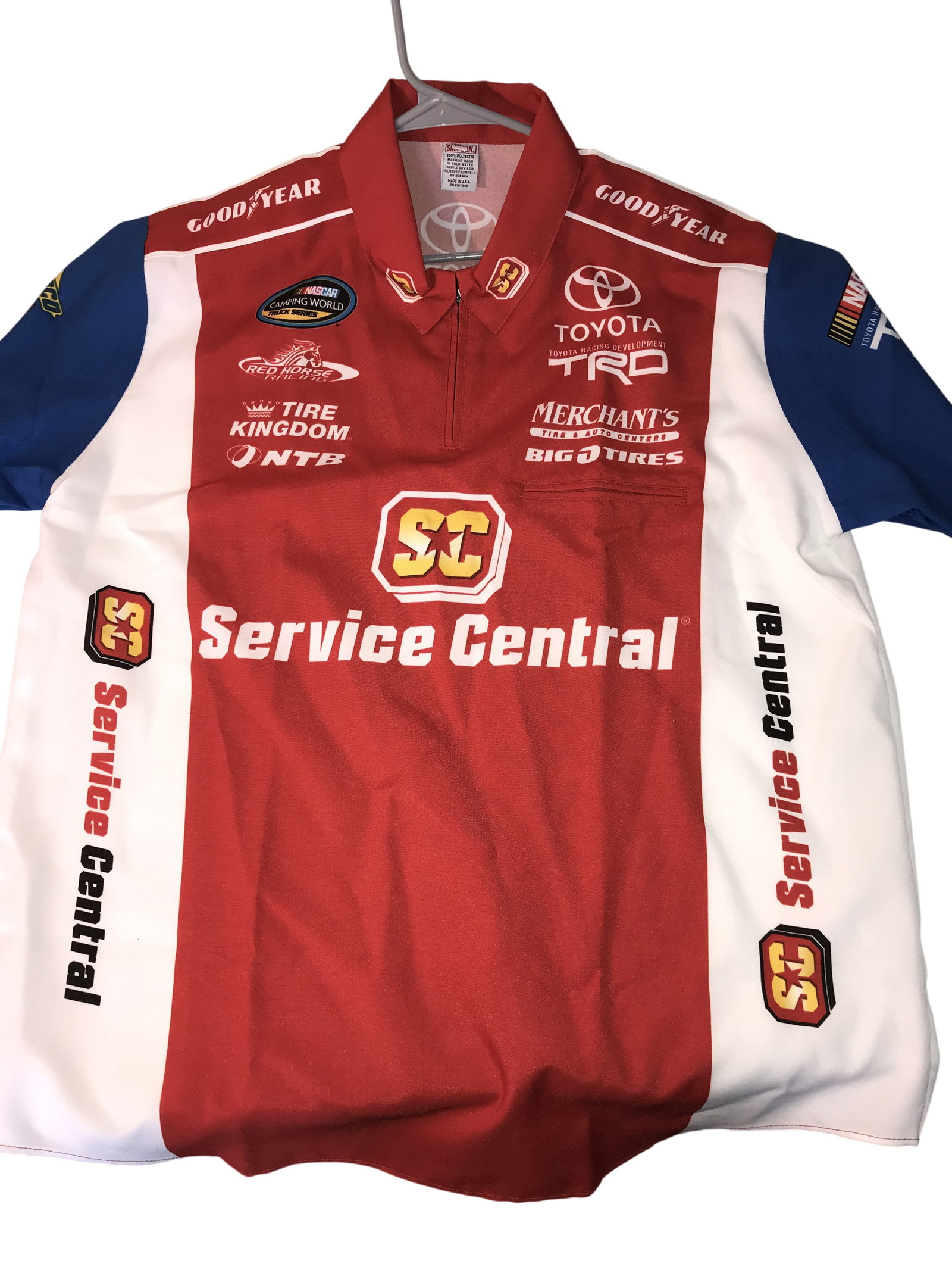 Simpson NASCAR Camping World Truck Series Red Horse Racing #17 Crew Shirt: Simpson professional NASCAR Camping World Truck Series crew shirt for Red Horse Racing, circa 2011-2012. Short-sleeved quarter-zip polyester garment featuring a red, white, and blue color block design