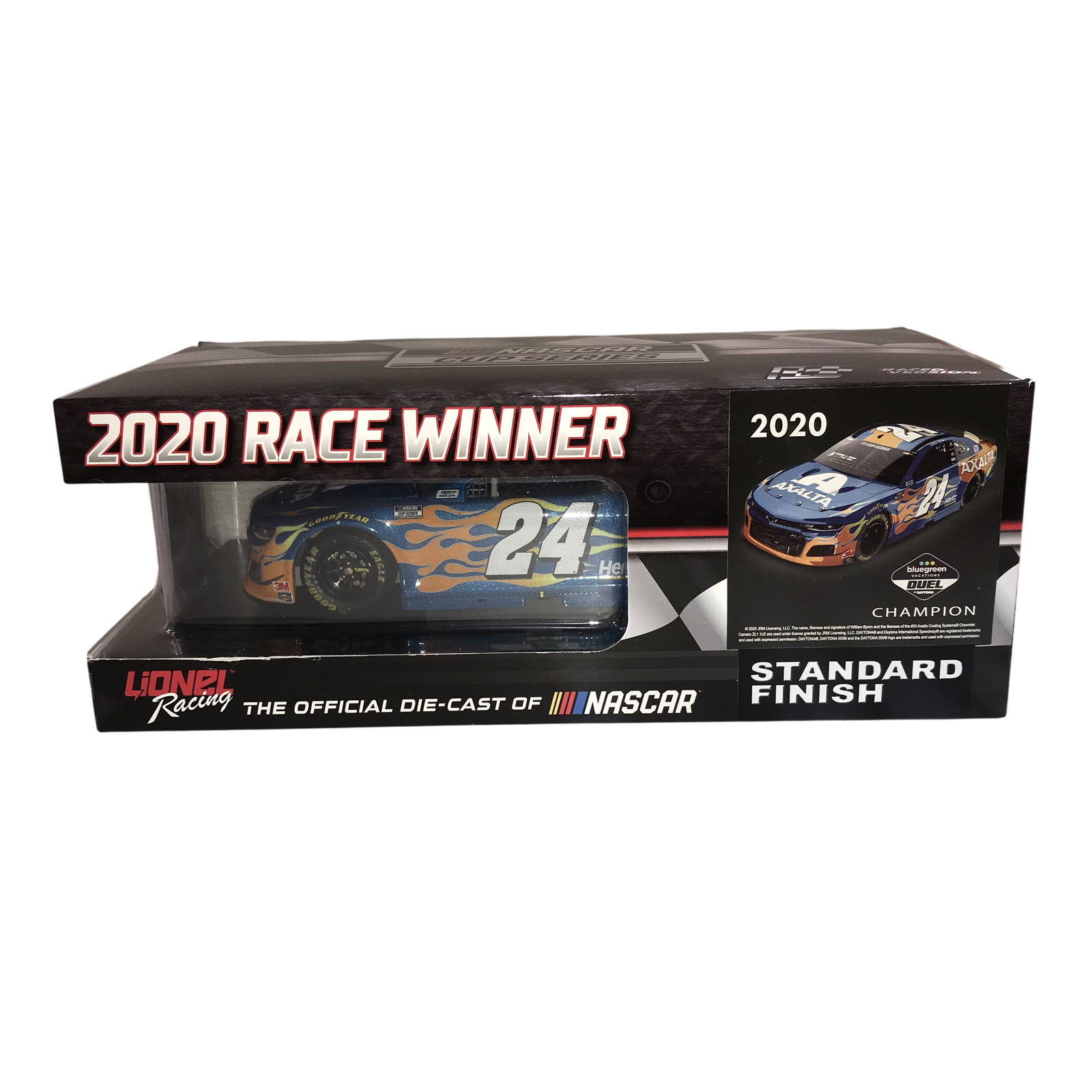 Lionel Racing William Byron 2020 Axalta Duel 2 Race Win Autographed 1:24 Scale Model Car: Lionel Racing Action Racing Collectables 1:24 scale model of William Byron's #24 Axalta Chevrolet Camaro ZL1, 2020. This die-cast metal vehicle features the Sea Glass Color of the Year Raced Version l