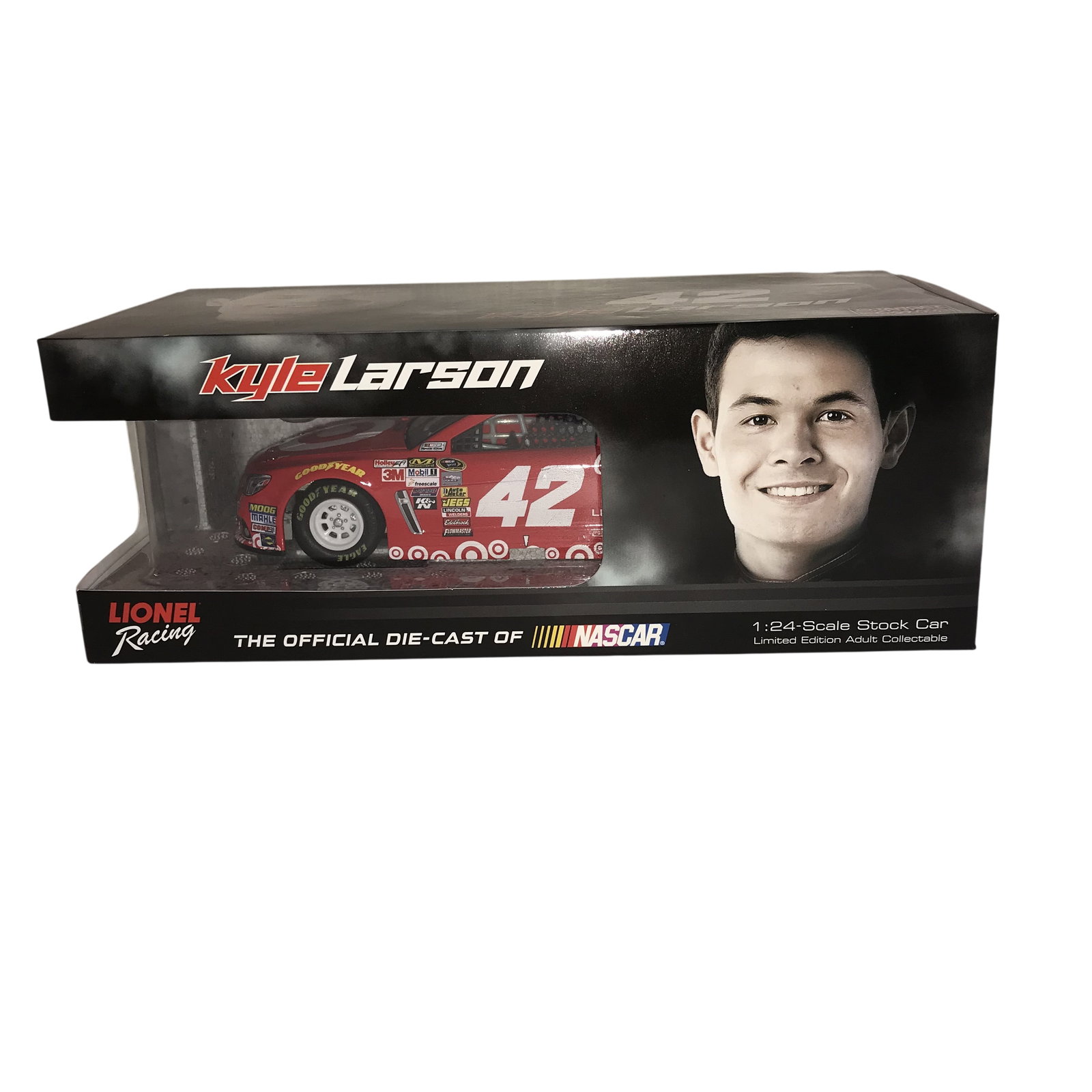 Lionel Racing Kyle Larson #42 Target NASCAR Die-Cast Autographed: Lionel Racing 1:24 scale die-cast model representing Kyle Larson's number 42 Target Chevrolet stock car, circa 2014-2016. The item is housed in its original window box packaging featuring a portrait o