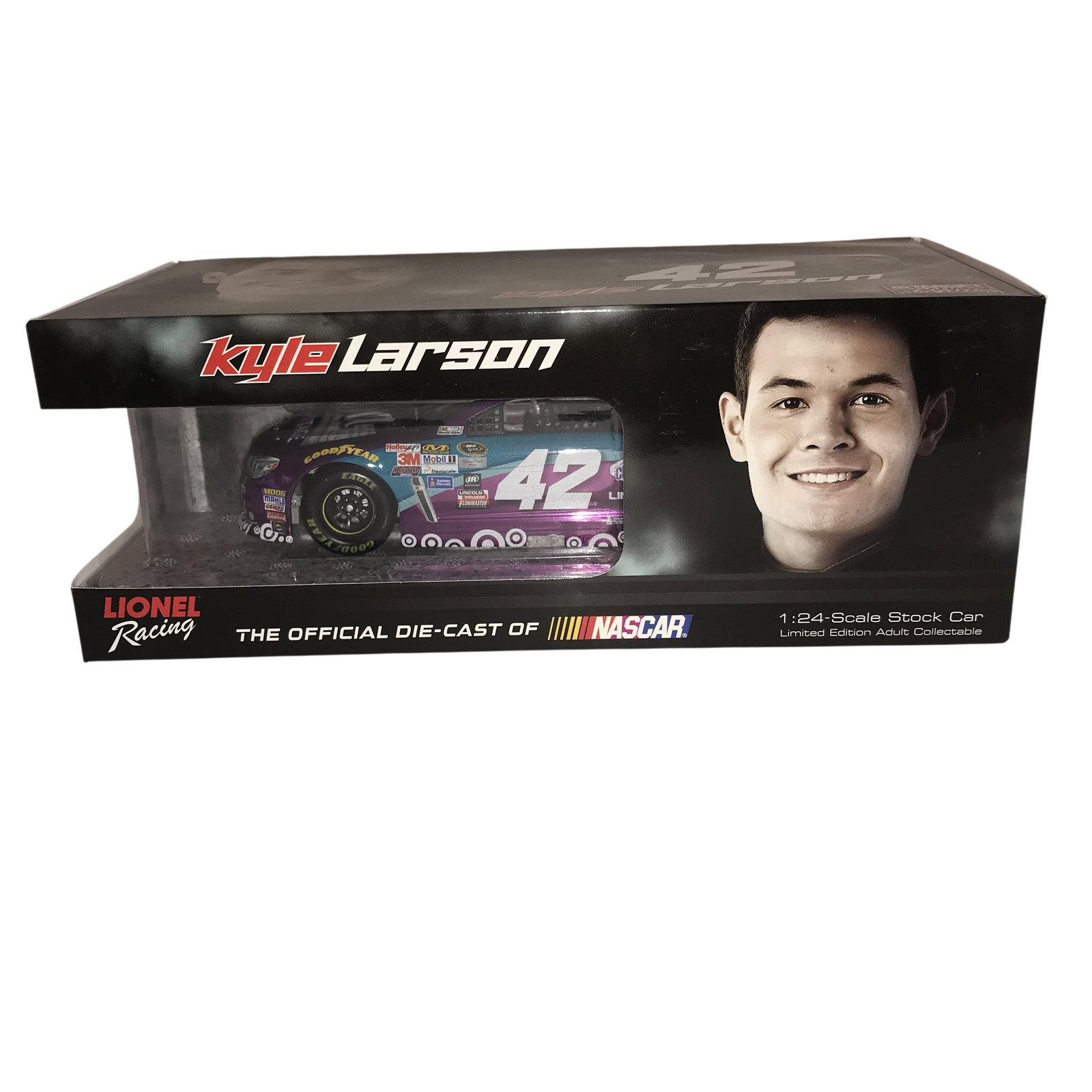 Kyle Larson Autographed 2015 Viva Vantage #42 Chevrolet SS Limited Edition Die-Cast Stock Car: Lionel Racing Action Racing Collectables Platinum Series 1:24 scale die-cast model of Kyle Larson's 2015 #42 Chevrolet SS. This limited edition Color Chrome release features the purple and teal Viva V