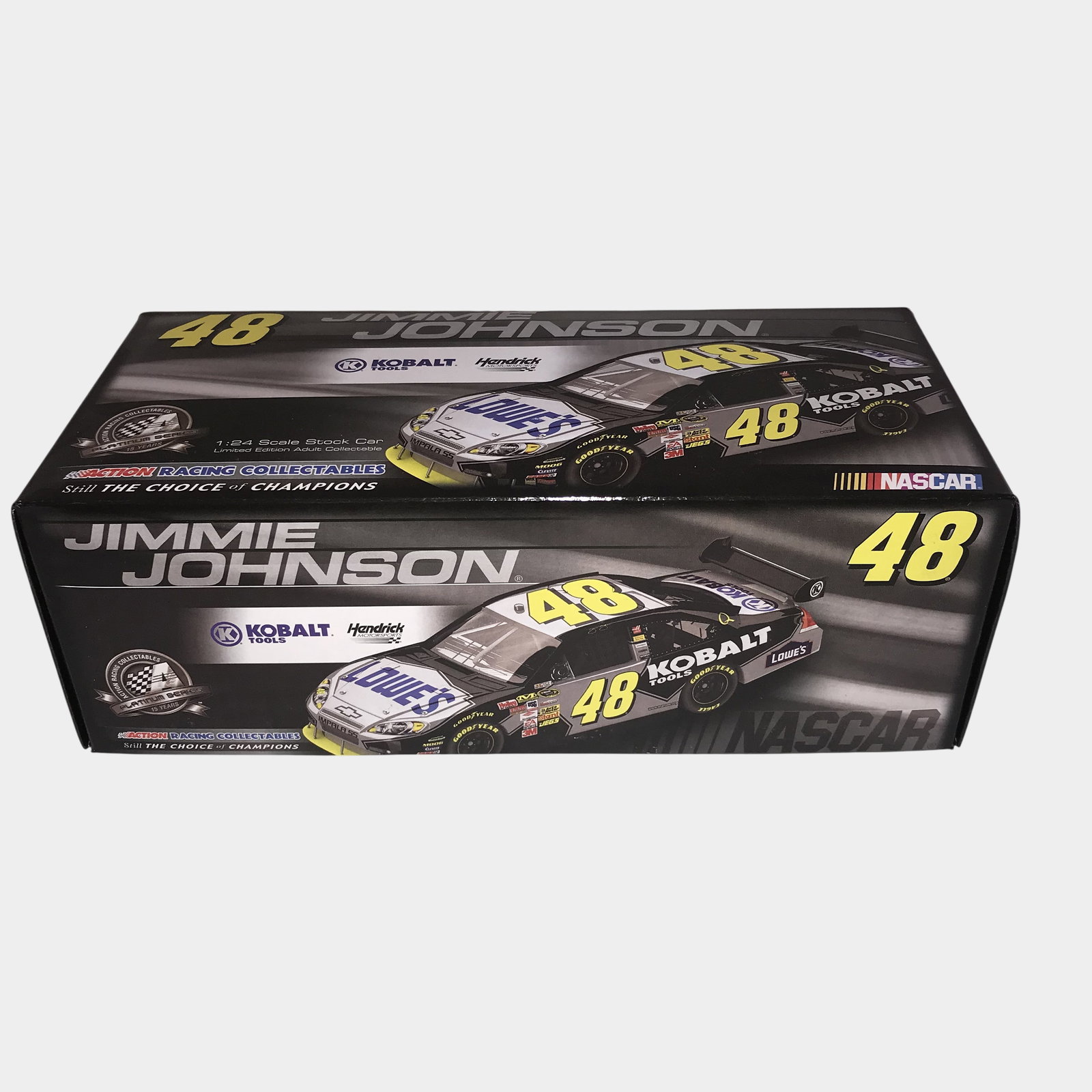 Jimmie Johnson 2008 Lowe's Kobalt Tools Die-Cast Car: Action Racing Collectables Platinum Series 1:24 scale die-cast model stock car featuring Jimmie Johnson's #48 Chevrolet Impala SS. This limited edition adult collectible represents the 2008 NASCAR sea