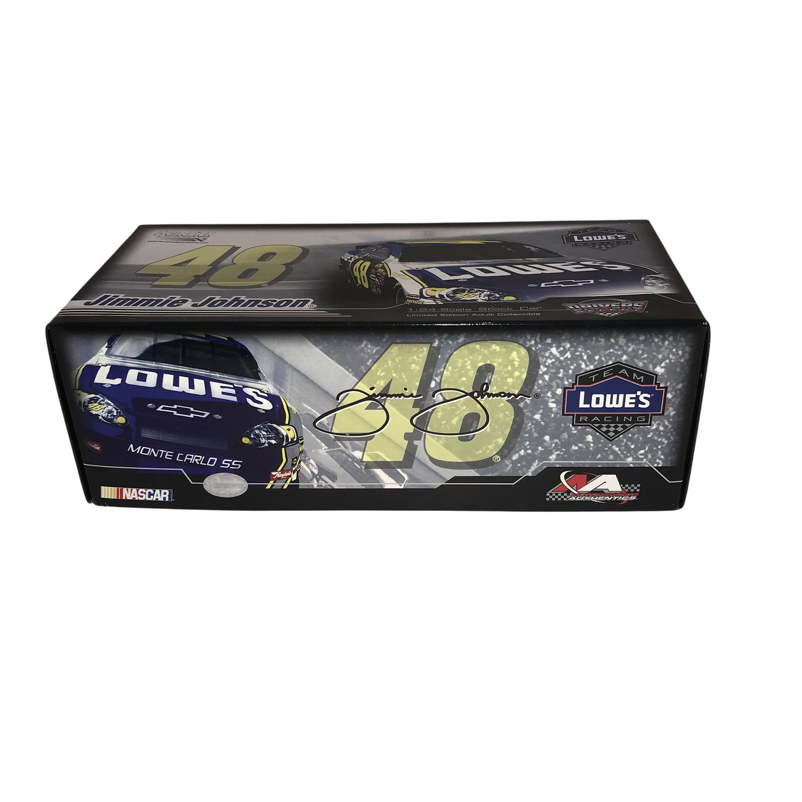 Jimmie Johnson 2007 #48 Lowe's Chevrolet Monte Carlo SS 1:24 Scale Die-Cast Car: Motorsports Authentics Drivers Select 1:24 scale die-cast model of Jimmie Johnson's 2007 #48 Lowe's Chevrolet Monte Carlo SS. This limited edition stock car features a die-cast body and is contained w