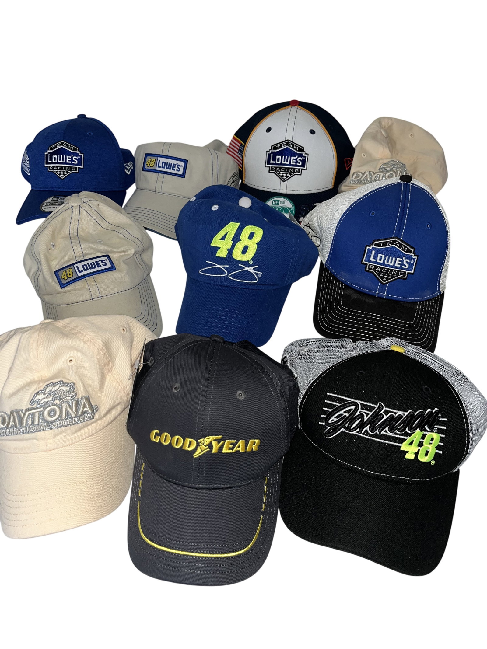 A Lot of Ten Jimmie Johnson No. 48 Lowe's Racing and NASCAR Baseball Caps: A collection of ten NASCAR-themed baseball caps primarily featuring Jimmie Johnson and the No. 48 Lowe's Racing team. Look New!
