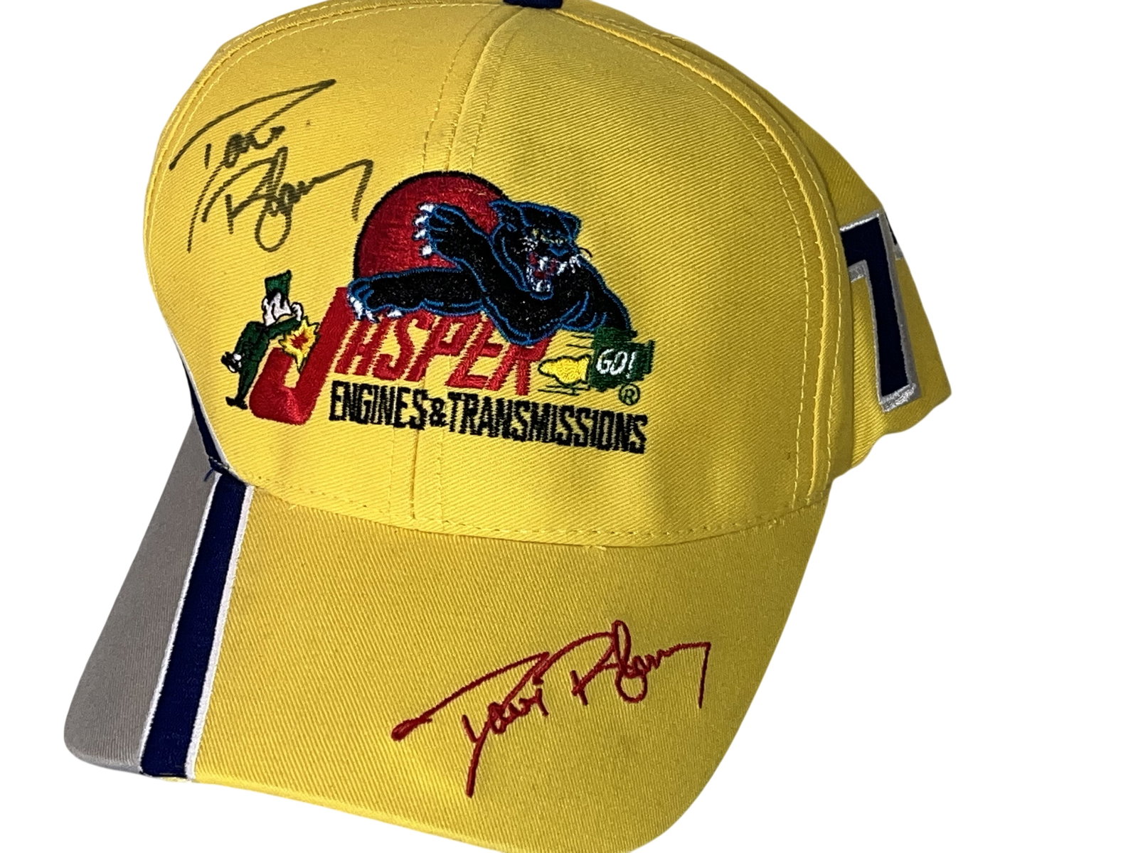 Robert Pressley Signed Jasper Engines and Transmissions NASCAR Racing Cap: NASCAR promotional baseball cap featuring the Jasper Engines and Transmissions racing team. It features an embroidered facsimile signature on the brim and a hand-signed autograph in black marker on th
