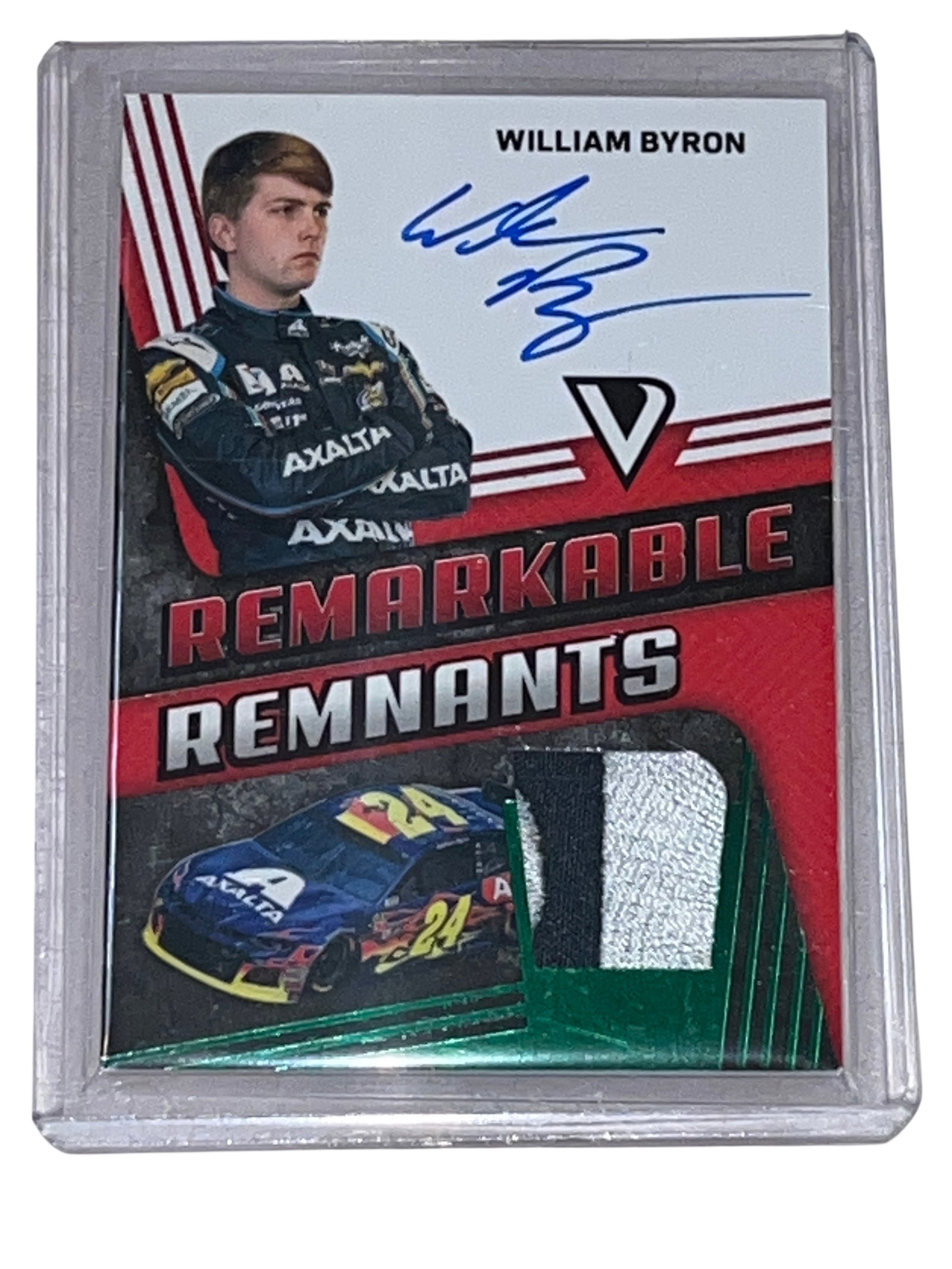 2018 Panini Victory Lane William Byron Remarkable Remnants Autograph Patch Card 66/99: 2018 Panini Victory Lane Remarkable Remnants trading card featuring NASCAR driver William Byron, card number RR-WB. The card includes a certified on-card autograph in blue ink and a two-color race-use