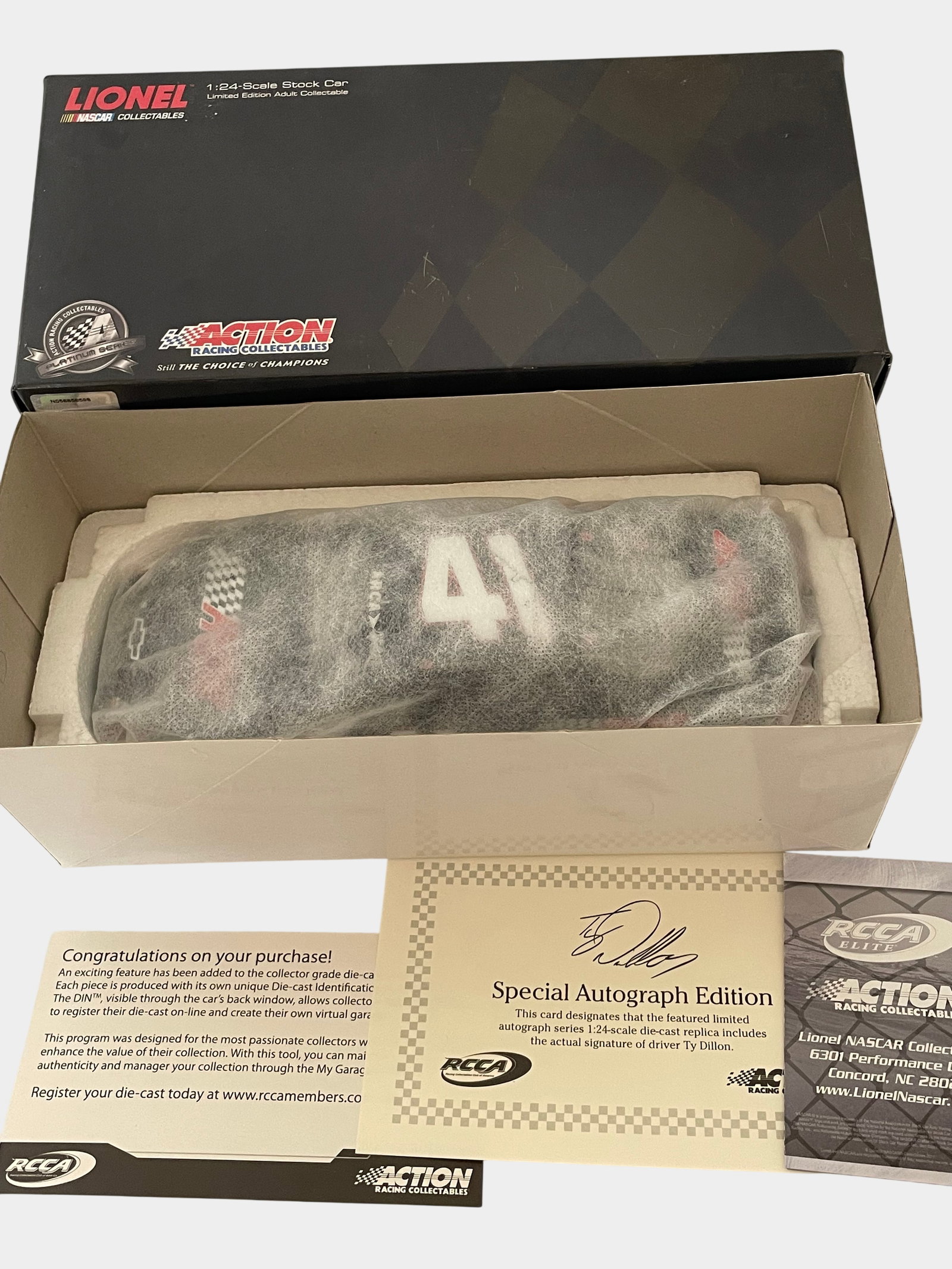 Ty Dillon Autographed 2011 Richard Childress Racing #41 Chevrolet Impala: 1:24-scale die-cast replica of the number 41 Richard Childress Racing (RCR) Chevrolet Impala driven by Ty Dillon during the 2011 ARCA Racing Series season. Featuring a signature from driver Ty Dillon