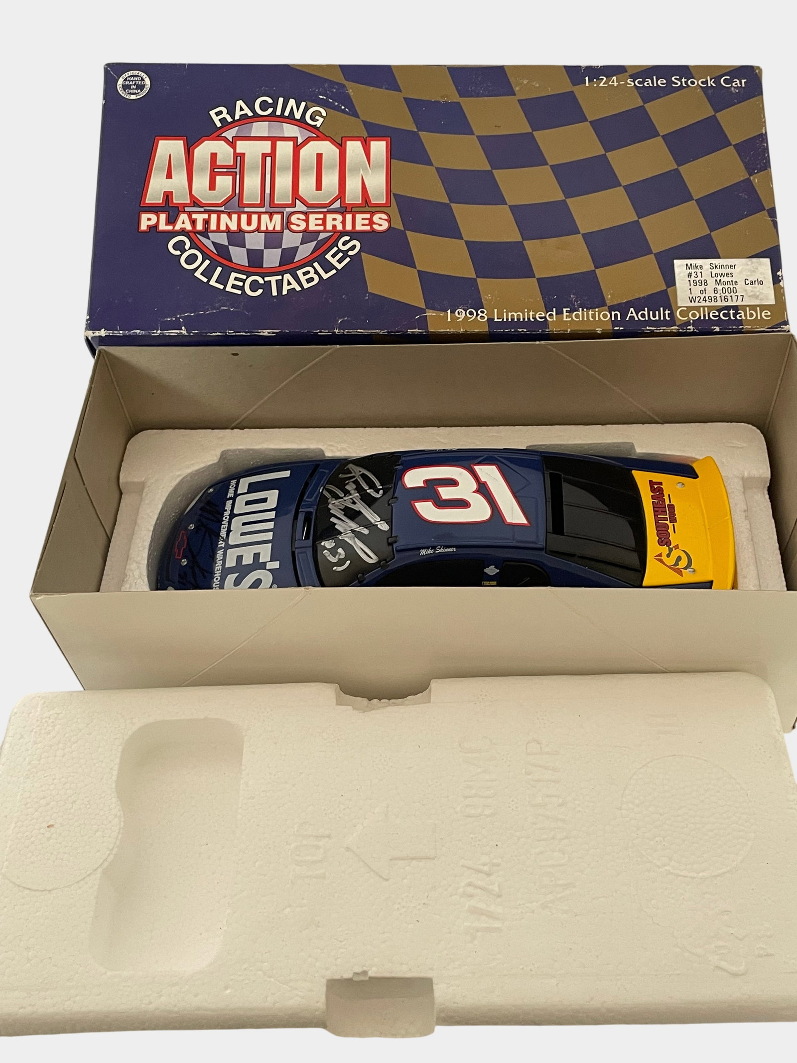 Mike Skinner #31 Lowe's 1998 Chevrolet Monte Carlo 1:24 Scale Die-Cast Stock Car by Action Racing: This is a 1:24 scale die-cast model of Mike Skinner's #31 Lowe's Home Improvement Warehouse Chevrolet Monte Carlo, manufactured by Action Performance Companies, Inc. limited edition, identified by the