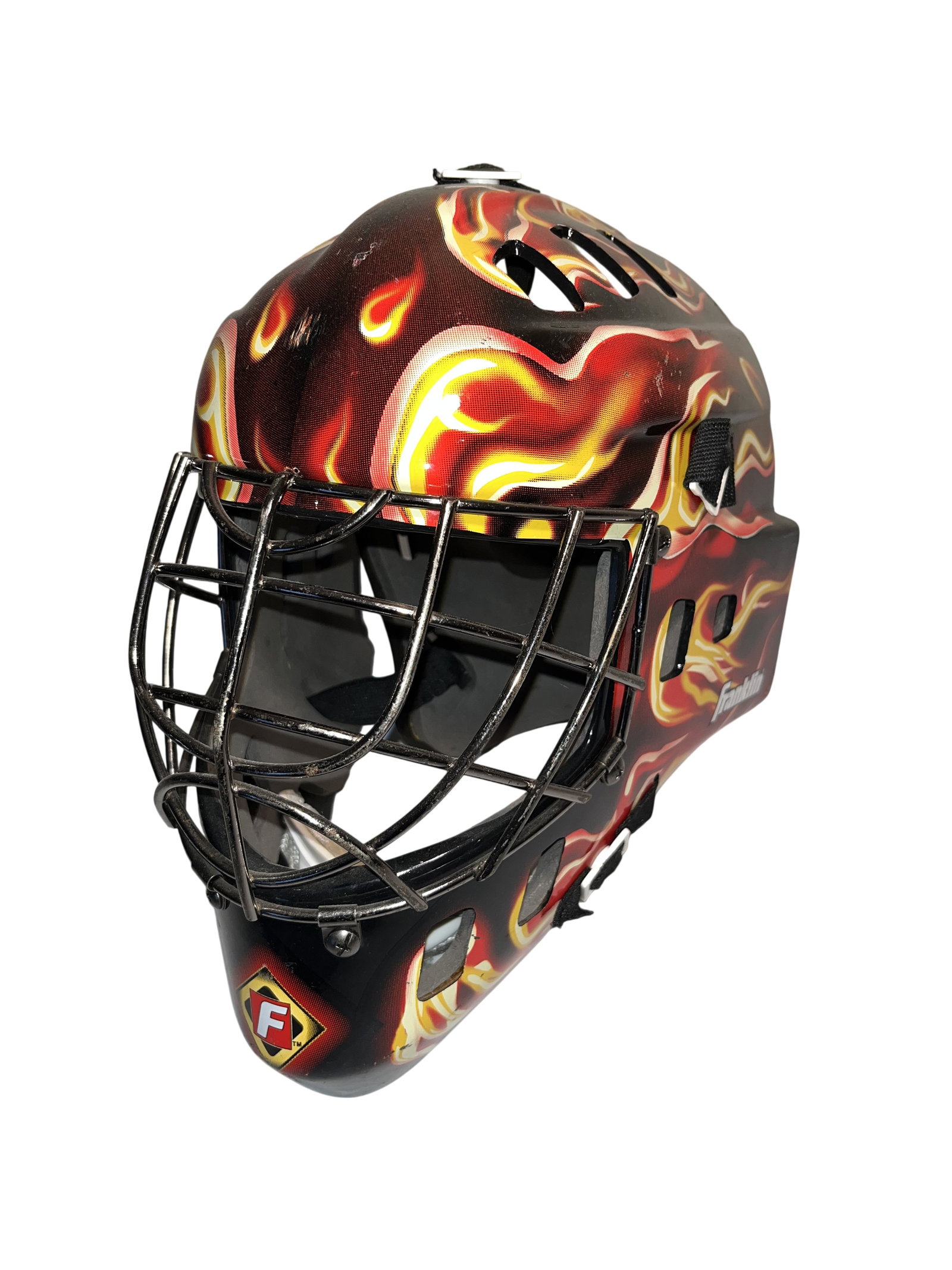 Franklin Sports NHL GFM Series Street Hockey Goalie Mask, Inferno Flames Graphic: This street hockey goalie mask is manufactured by Franklin Sports as part of their GFM series, featuring the distinctive Inferno Flames graphic design. This item is intended for street or floor hockey