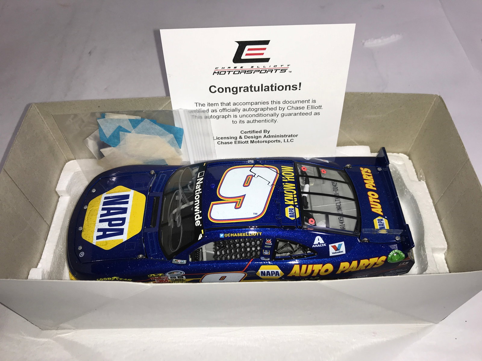 Chase Elliot Autographed 2014 Camaro LE: Limited Edition w/ Certificate of Authenticity, #9 NAPA Chicagoland Win, 1:24 die cast in original box