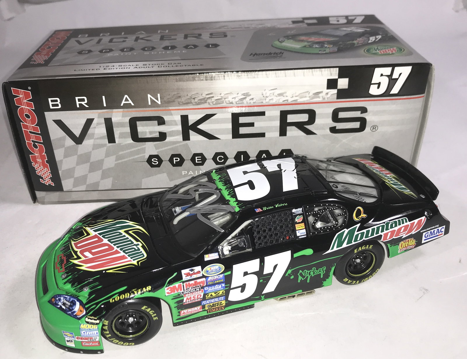 Autographed Brian Vickers 2006 Monte Carlo LE: Not Labeled Autographed! Limited Edition 1 of 2,832, Signed on front windshield, #57 Mountain Dew 1:24 die cast in original box, no certification
