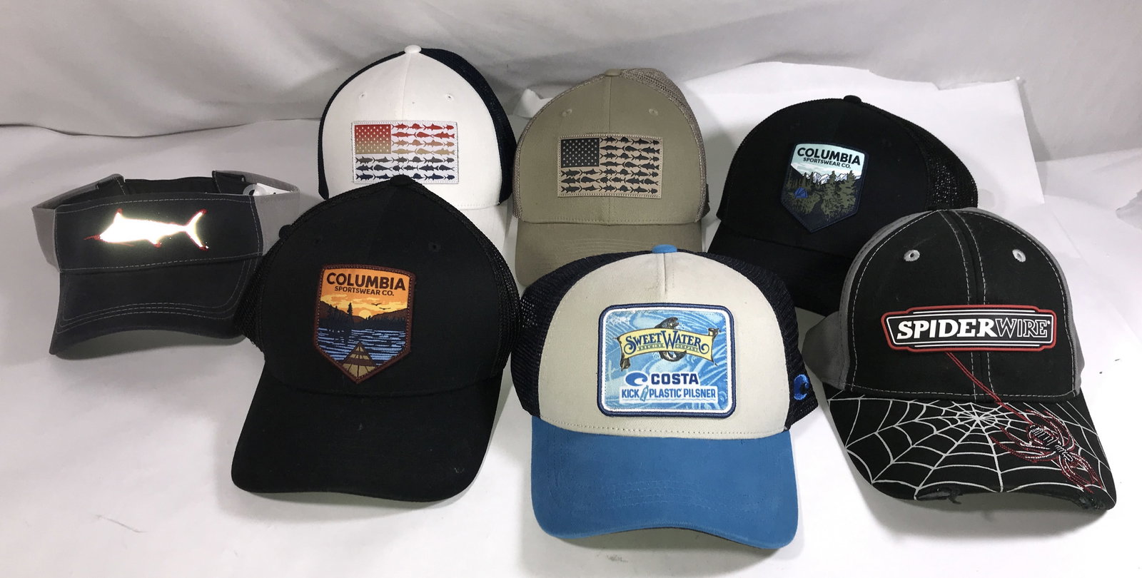 Outdoor & American Hat Collection: 6 Baseball Caps & 1 Sun Visor, All appear to have never been worn