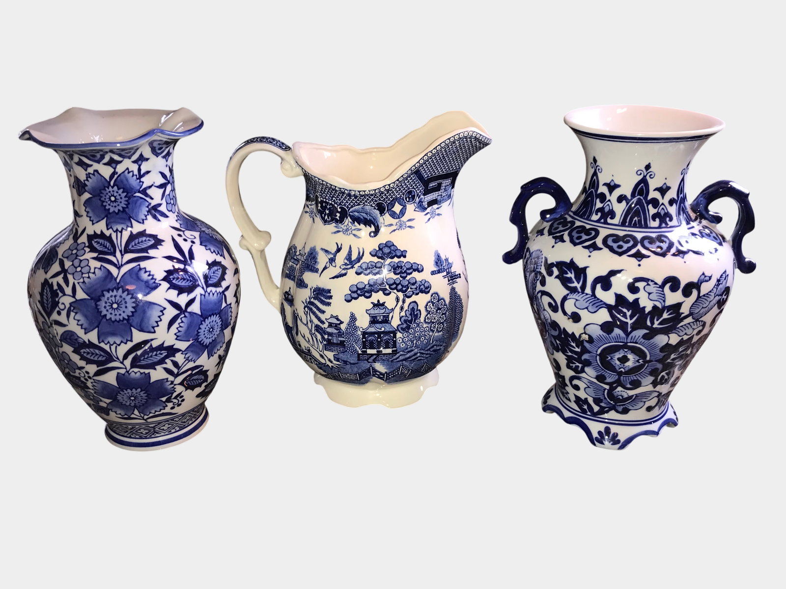 Blue and White Transferware Ceramic Decorative Vases & Pitcher (1 of 5)