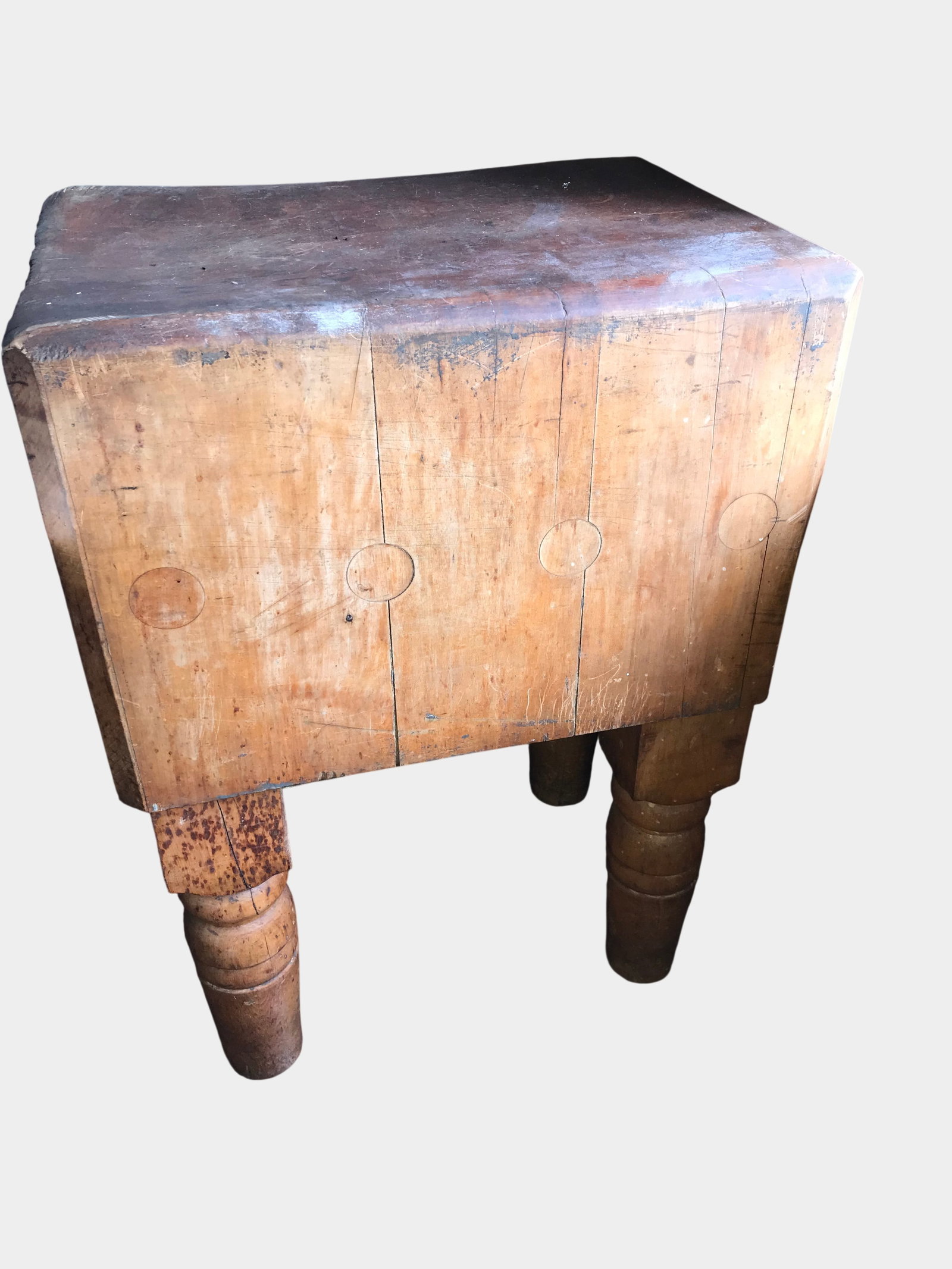 Vintage Butcher Block Table: Most likely dating from the late 19th to early 20th century. Measures 34 inches tall by 24 inches wide by 18 inches. Solid and Heavy, NO SHIPPING on this lot. Used but in very good condition