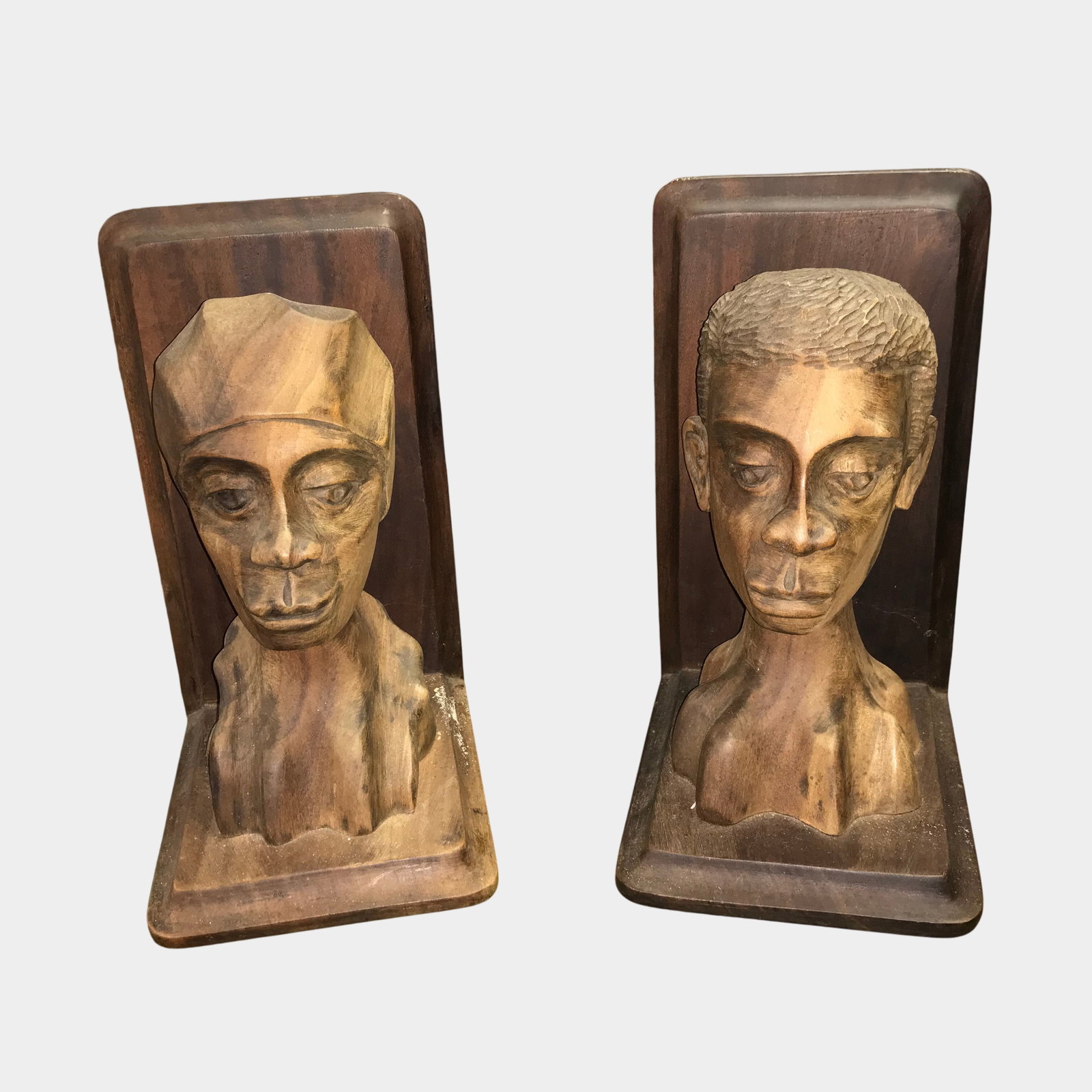 A Pair of Mid-Century Hand-Carved Wooden Figural Bust Bookends Signed F. Decembre (1 of 5)