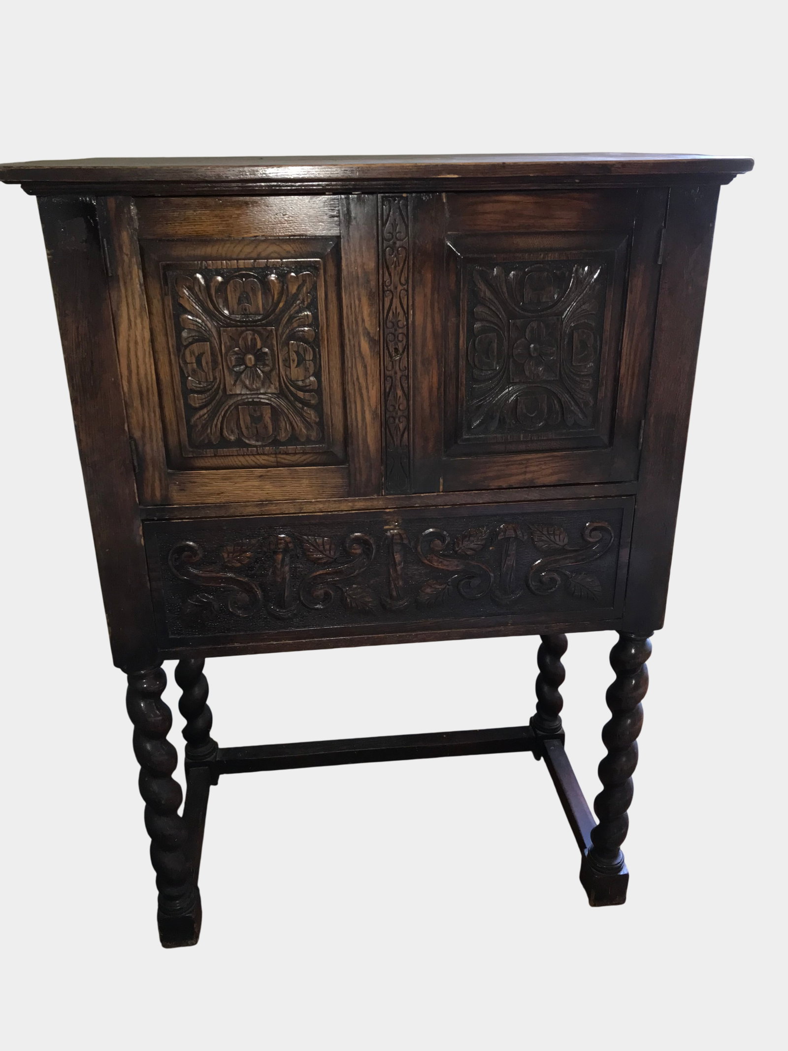 Jacobean Revival Carved Oak Secretary Cabinet on Stand (1 of 5)