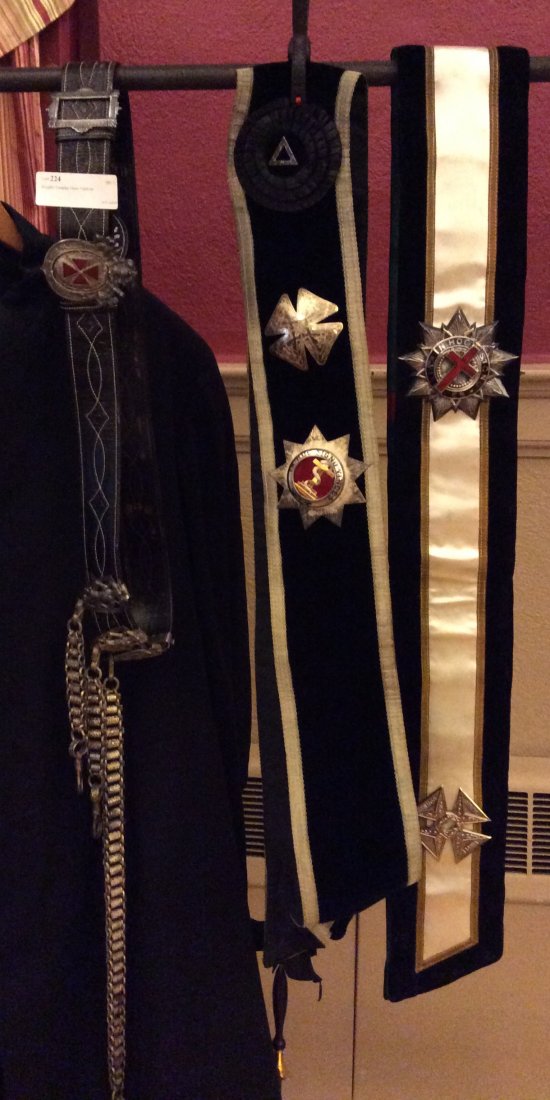 Knights Templar Dress Uniform: Includes: Jacket, Hat, 2 sashes, 1 belt with 4 chain hooks for swords, and original cape.