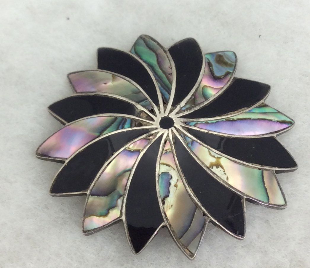 Abalone and Onyx Floral Brooch: 2.25 in diameter - Designer signer piece, 925 silver from mexico