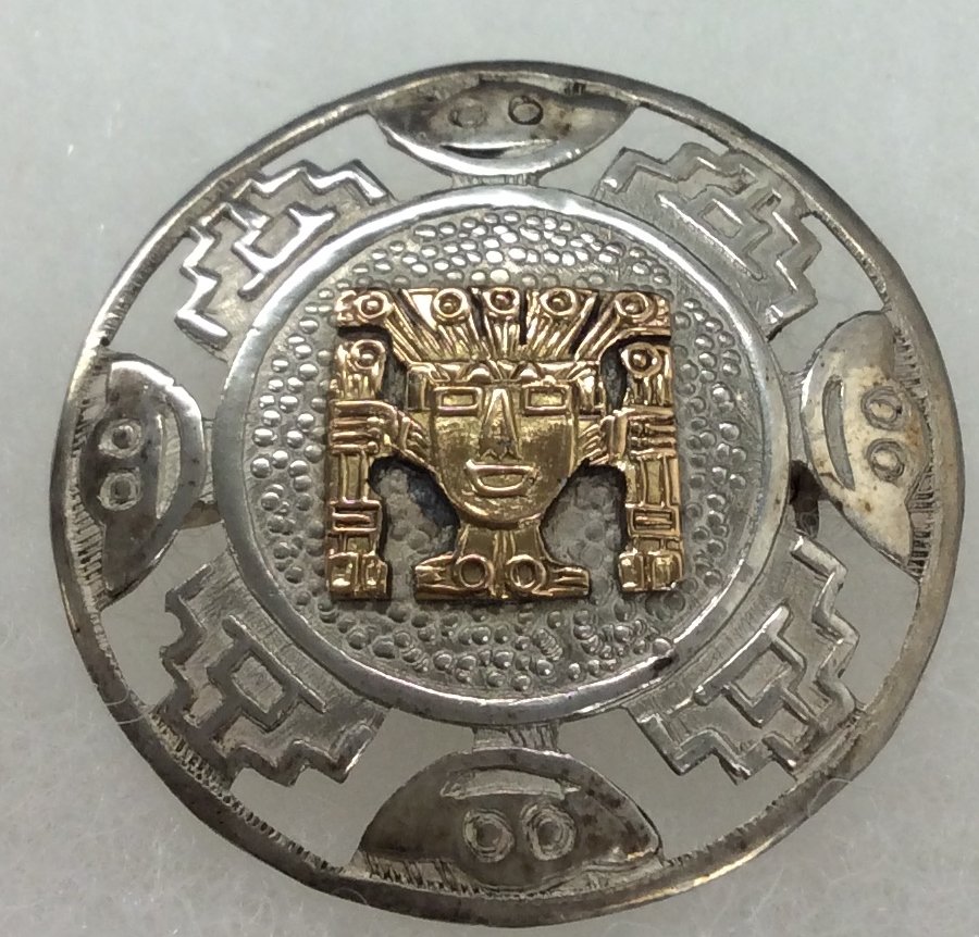 Peru 925 Brooch w/ 10kt. Gold God: Inca God styled brooch/pendant -1.5 in diameter