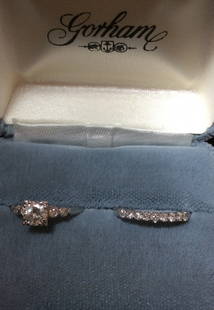 Pair platinum rings with mine cut diamonds: Â½ carat and small diamonds, size 6