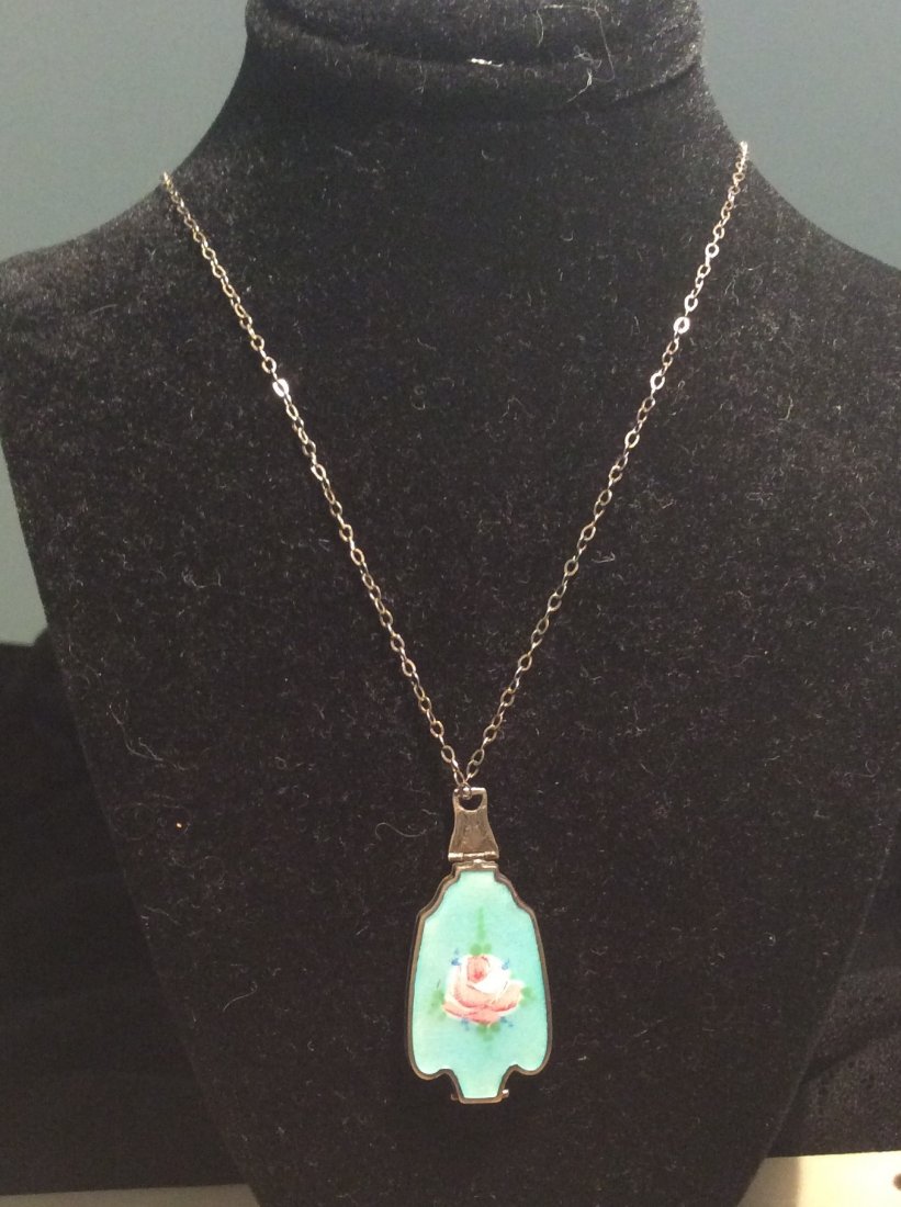 Sterling Necklace w/ Locket: Enamel Overlay on Silver w/ Soldier Photo