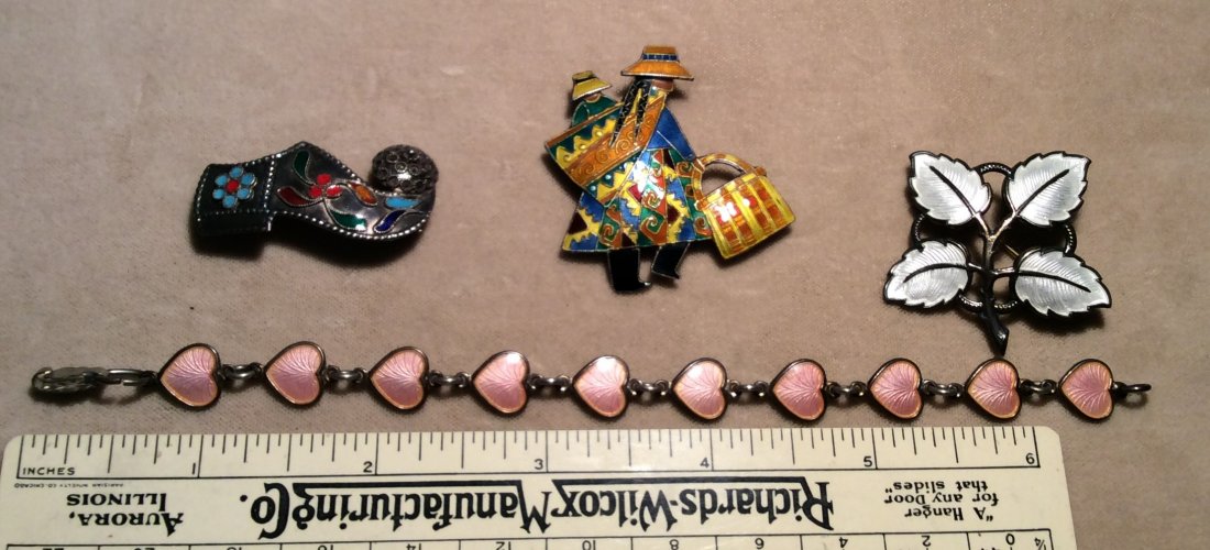Danish Sterling & Enamel Overlay: 3 Brooches & 2 Sterling Overlay