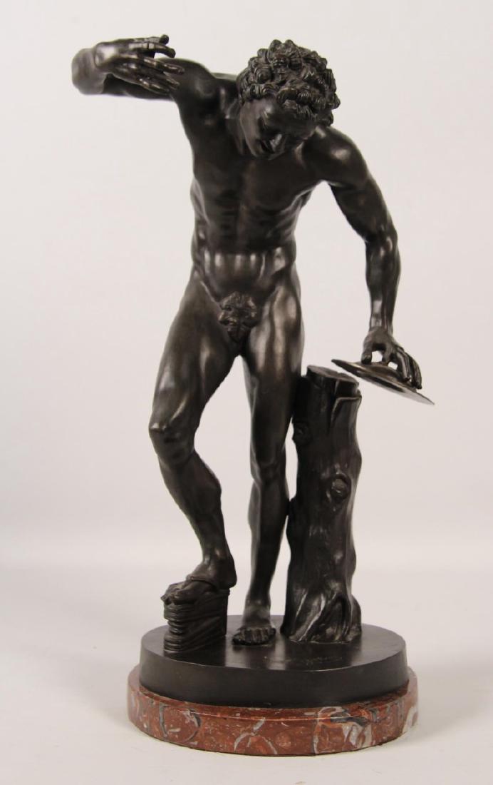 A. GIBBER, 19TH C. BRONZE OF PARTIALLY NUDE MAN: LATE 19TH C. BRONZE OF PARTIALLY NUDE MAN RESTING ON ROUGE MARBLE STAND HOLDING A SYMBOL SIGNED ON REVERSE A. GIBBER; 23"H X 11"W X 9"D