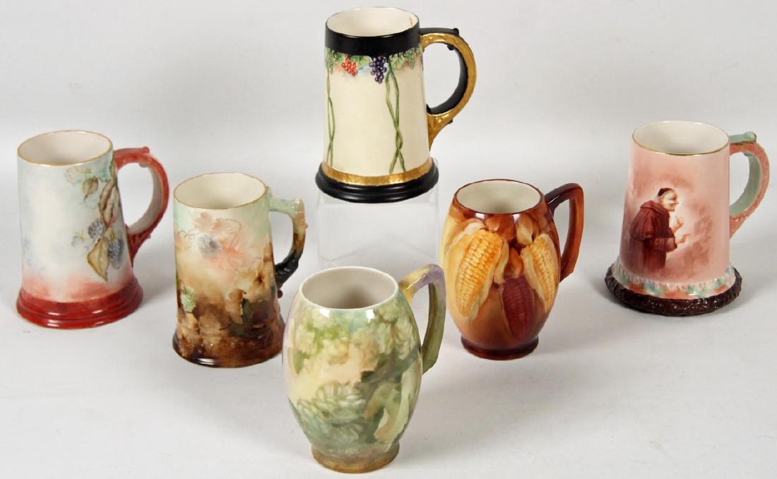 GROUP OF 6 BELLEEK HAND PAINTED HANDLED MUGS: GROUP OF 6 BELLEEK HAND PAINTED HANDLED MUGS; 6" TALLEST