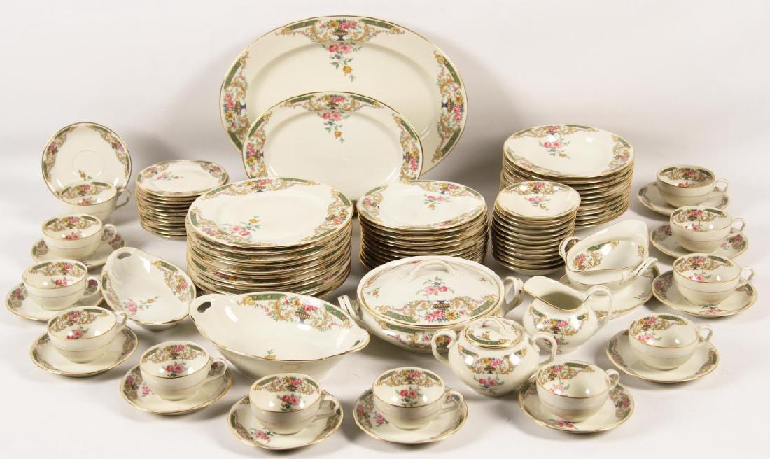 92 PIECE GOLD RIMMED CHINA DINNER SERVICE: 92 PIECE GOLD RIMMED CHINA DINNER SERVICE WITH MULTICOLORED FLORAL AND URN RESERVES "IMPERIAL PATTERN CZECHOCLOVAKIA" CONSISTING OF 12 DINNER PLATES, 12 SALAD PLATES, 12 CUPS, 12 SAUCERS, 12 SOUP BOWL